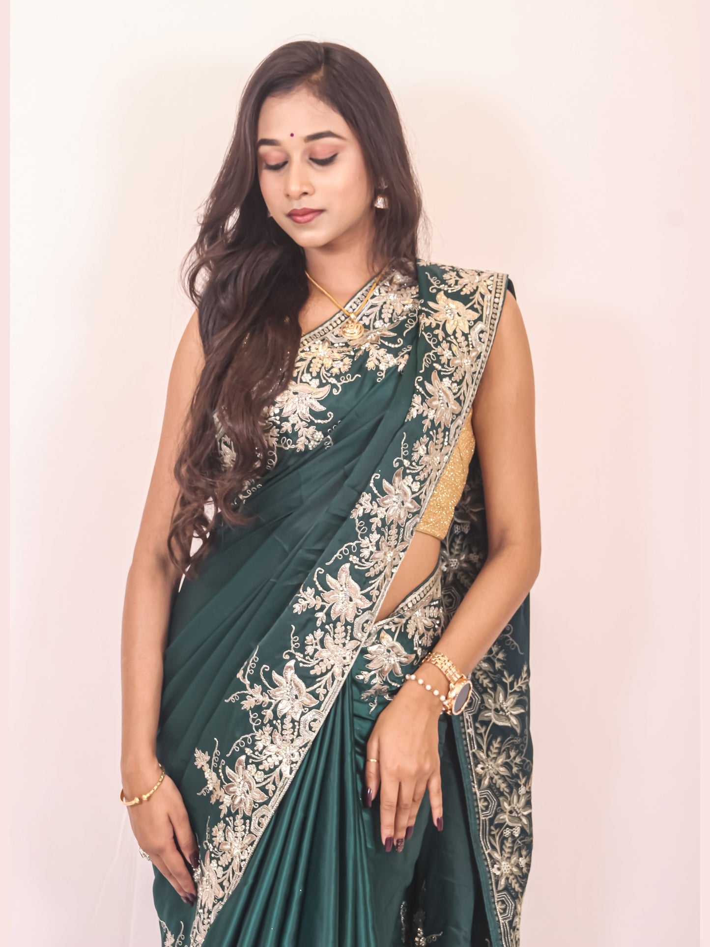 Bottle Green Crape Chiffon Saree with Silver Zari Work & Stone Detailing – Stylish & Sophisticated.