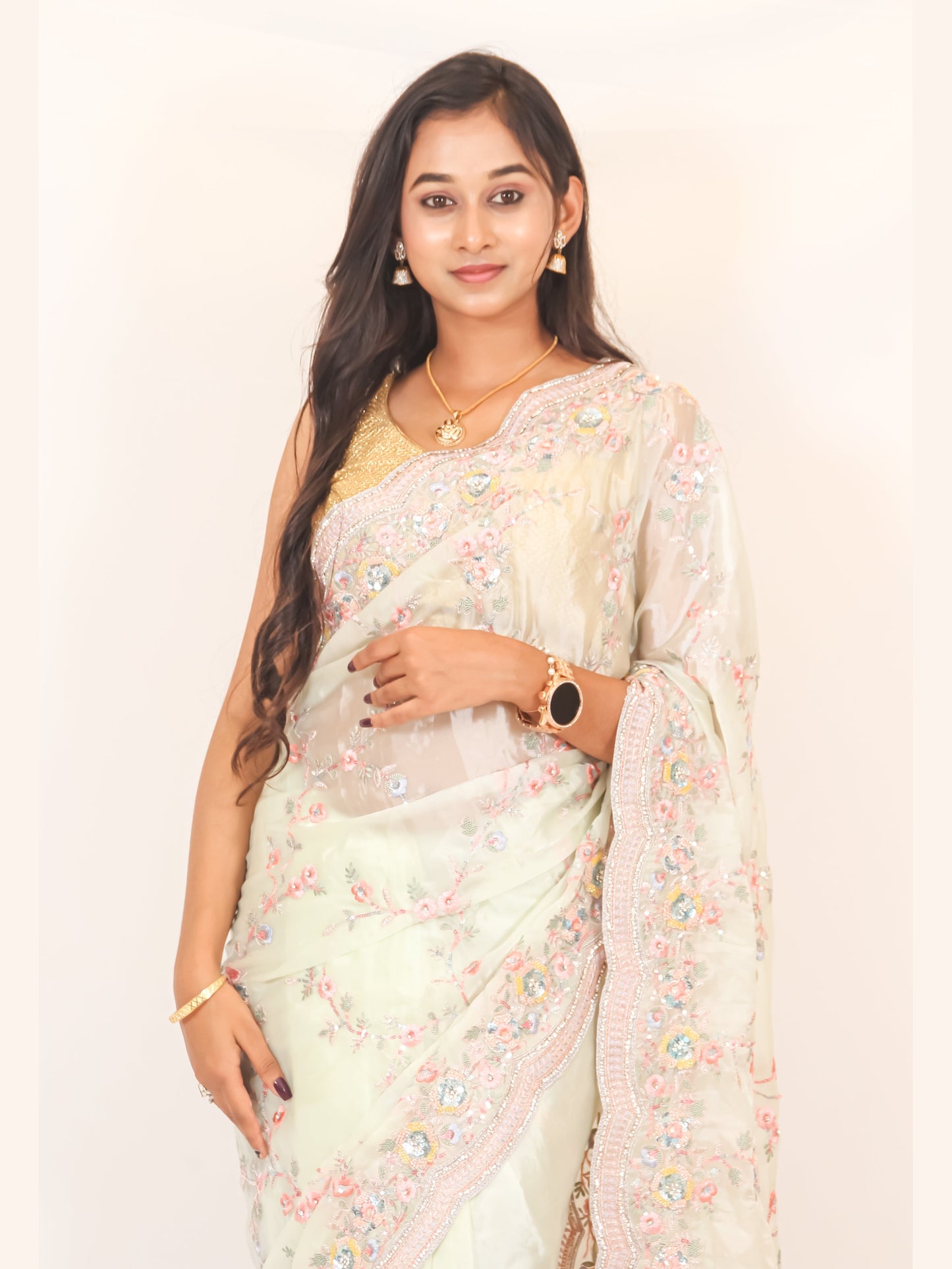 Cream White Saree with Floral Thread Work – Elegant & Timeless.