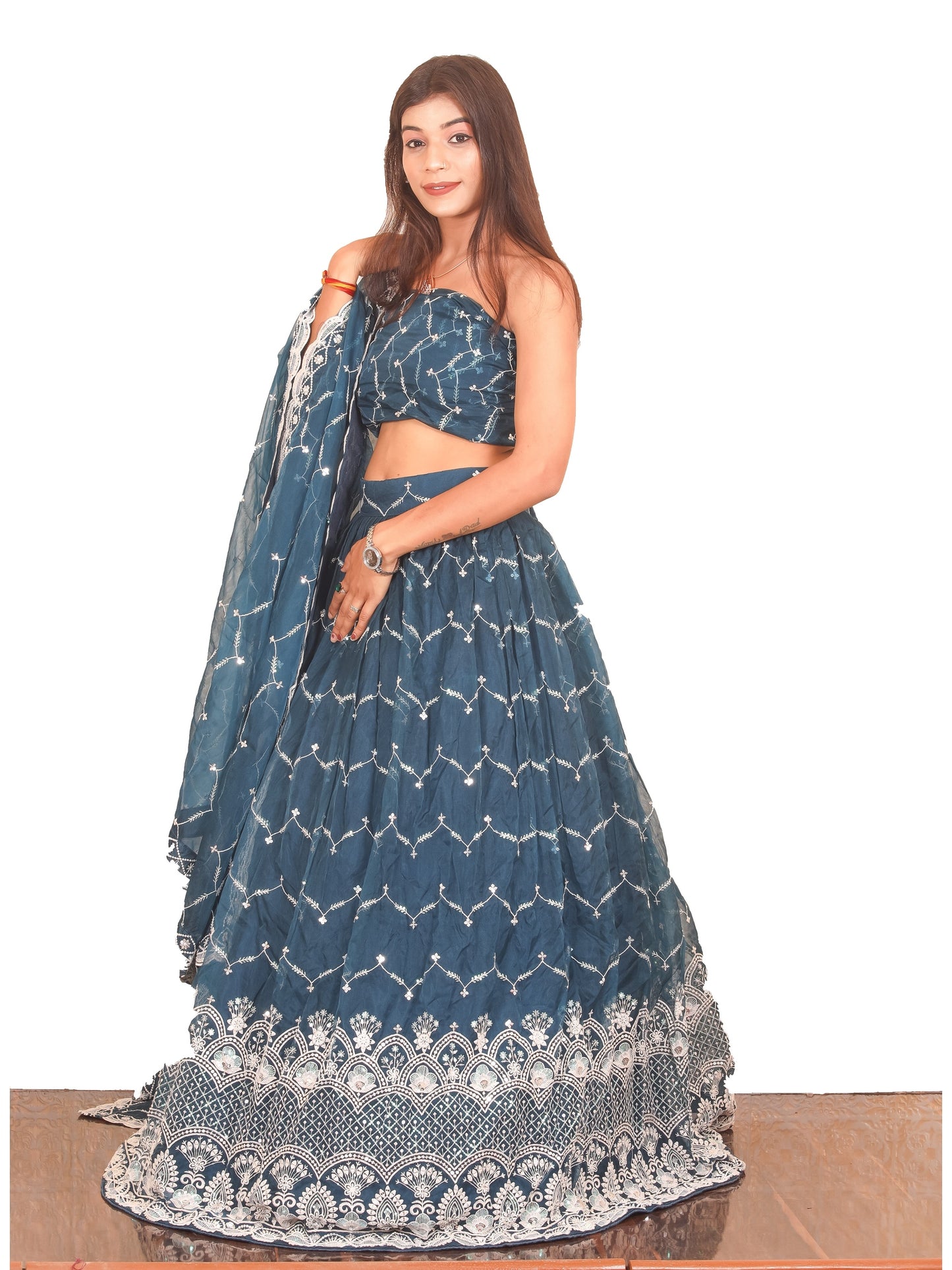 Blue Resham threadwork Organza Lehenga