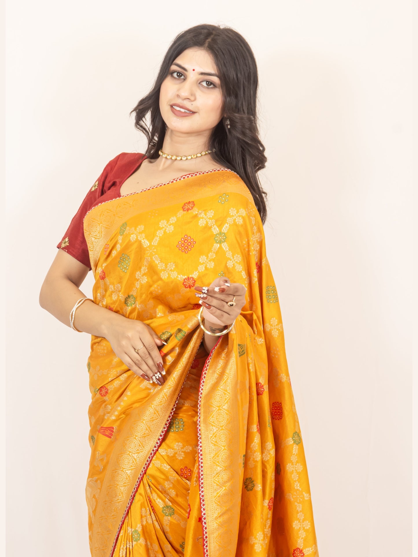Traditional Dola Silk Mustard Yellow Ghatchola Saree with Rich Detailing