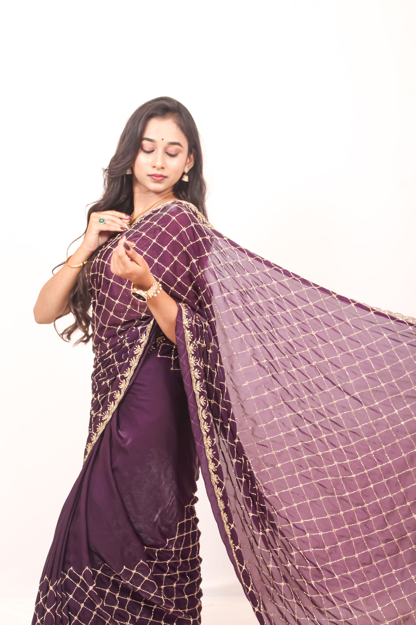 Deep Purple Velvet Chiffon Saree with All-Over Cut Dana & Stone Work
