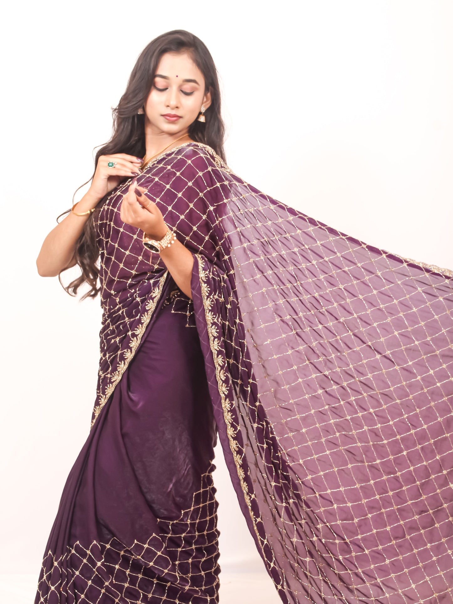 Deep Purple Velvet Chiffon Saree with All-Over Cut Dana & Stone Work