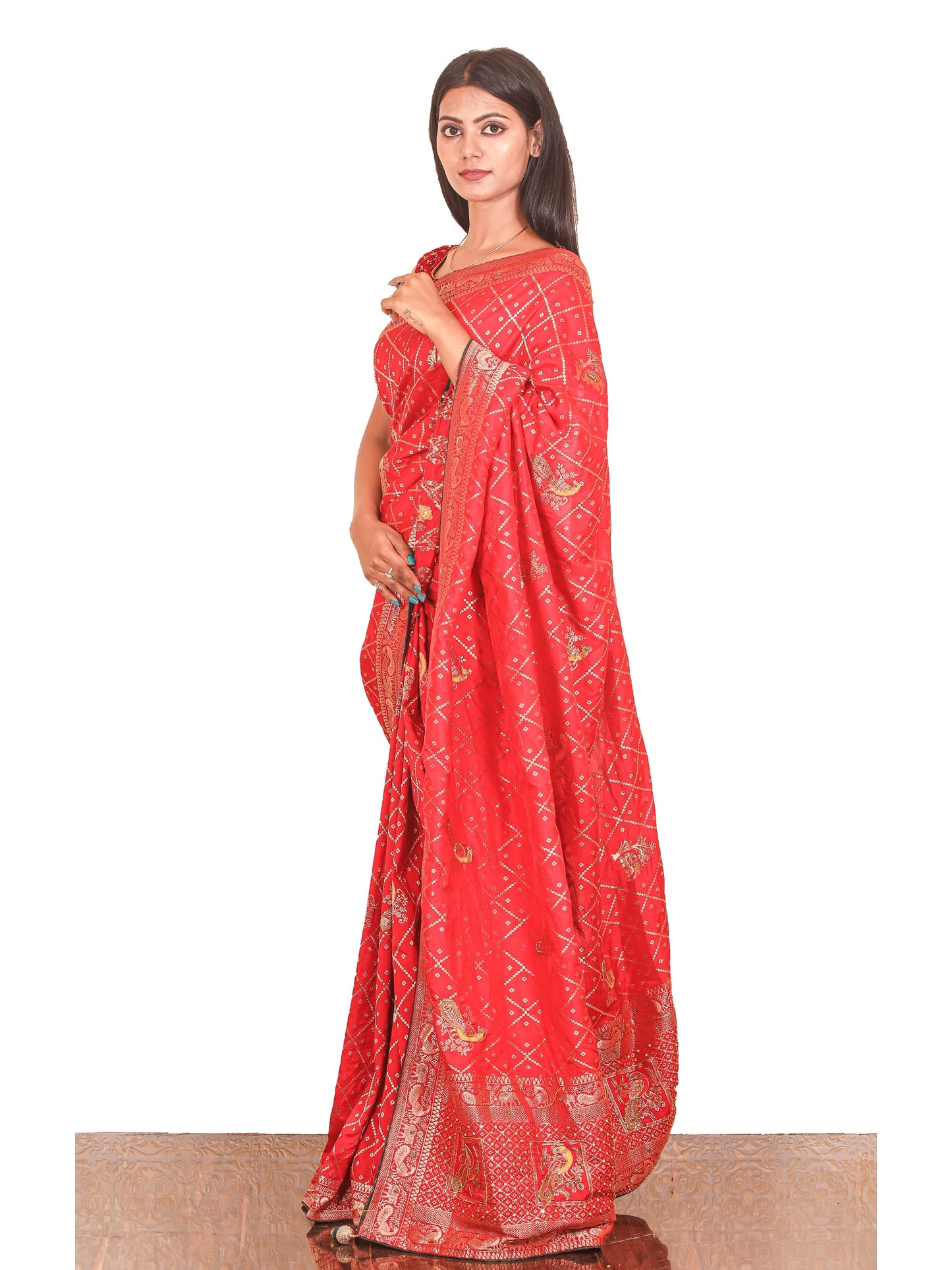Peacock motifs Red Dola Silk Saree
