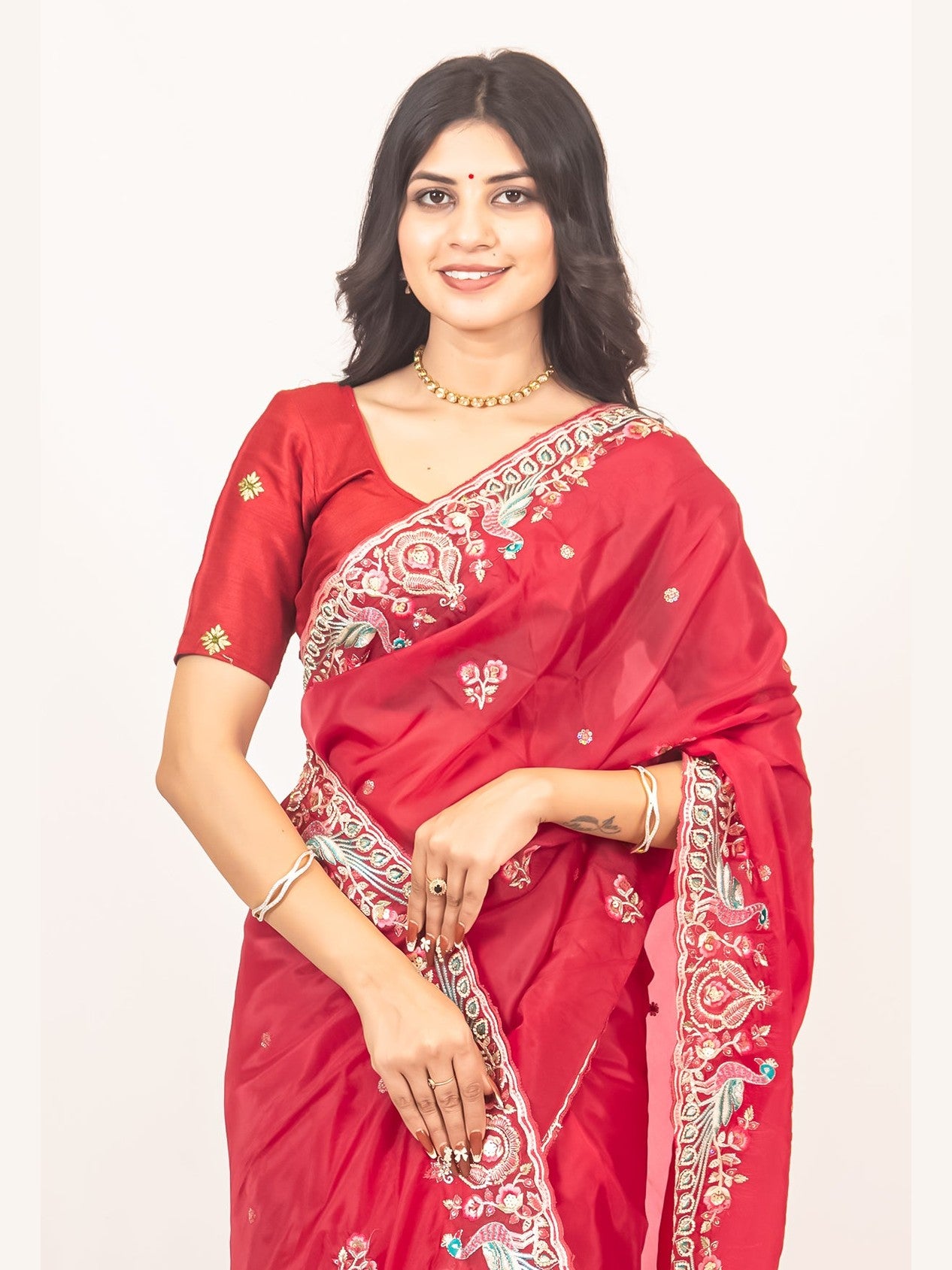 Radiant Red Organza Saree with Beautiful Thread & Zarkan Embroidery