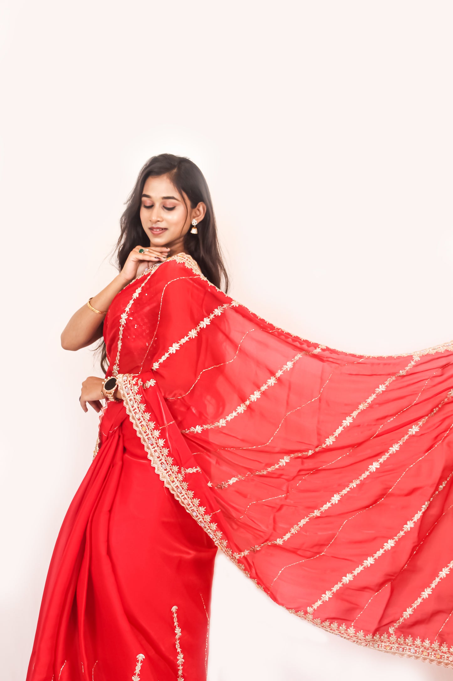 Deep Red Organza Saree with Golden Zari & Stone Work, Baby Pink Blouse