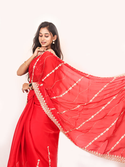 Deep Red Organza Saree with Golden Zari & Stone Work, Baby Pink Blouse