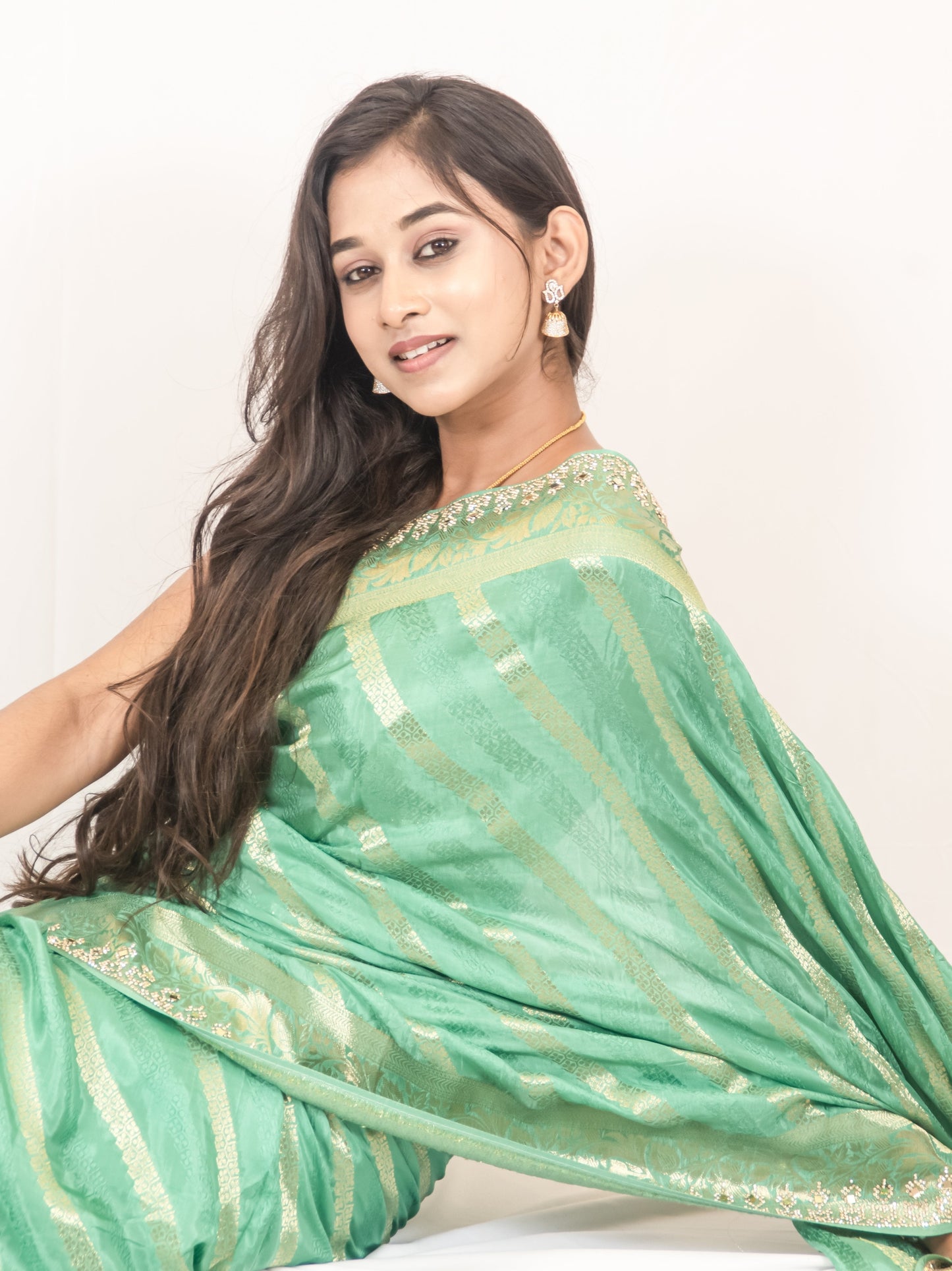 Elegant Pista Green Crape Silk Saree with Swarovski, Zari, and Mirror Work | Matching Blouse Included