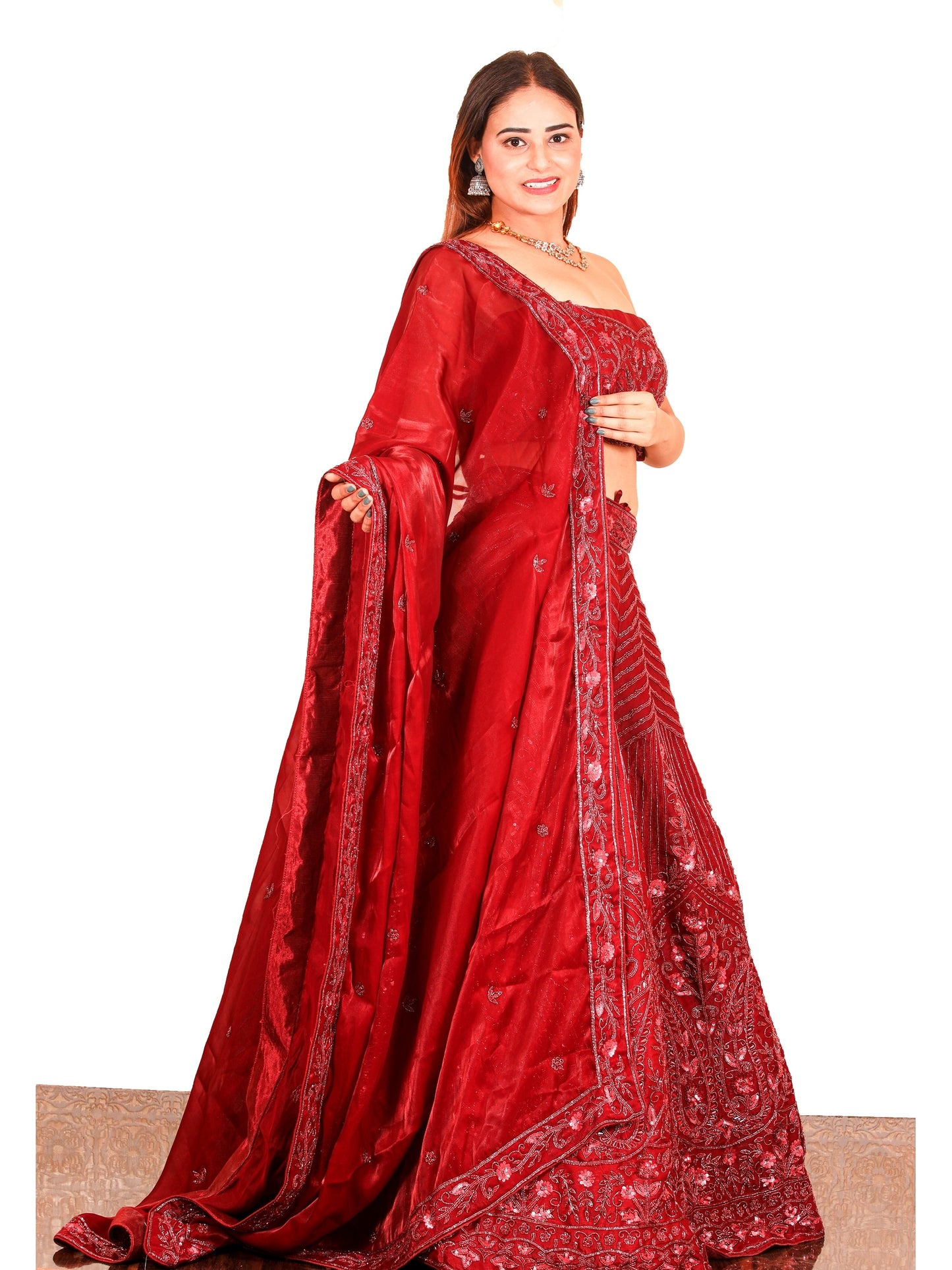 Maroon Sequence embroidery Organza Lehenga