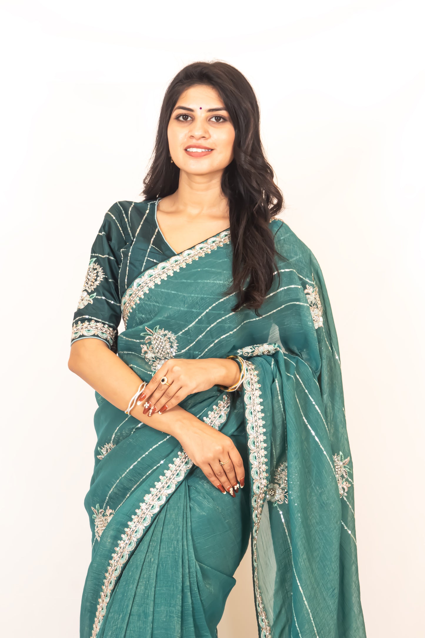 Rama Green Organza Saree with Zari & Stone Detailing, Comes with Ready-Made Blouse