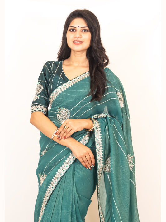 Rama Green Organza Saree with Zari & Stone Detailing, Comes with Ready-Made Blouse