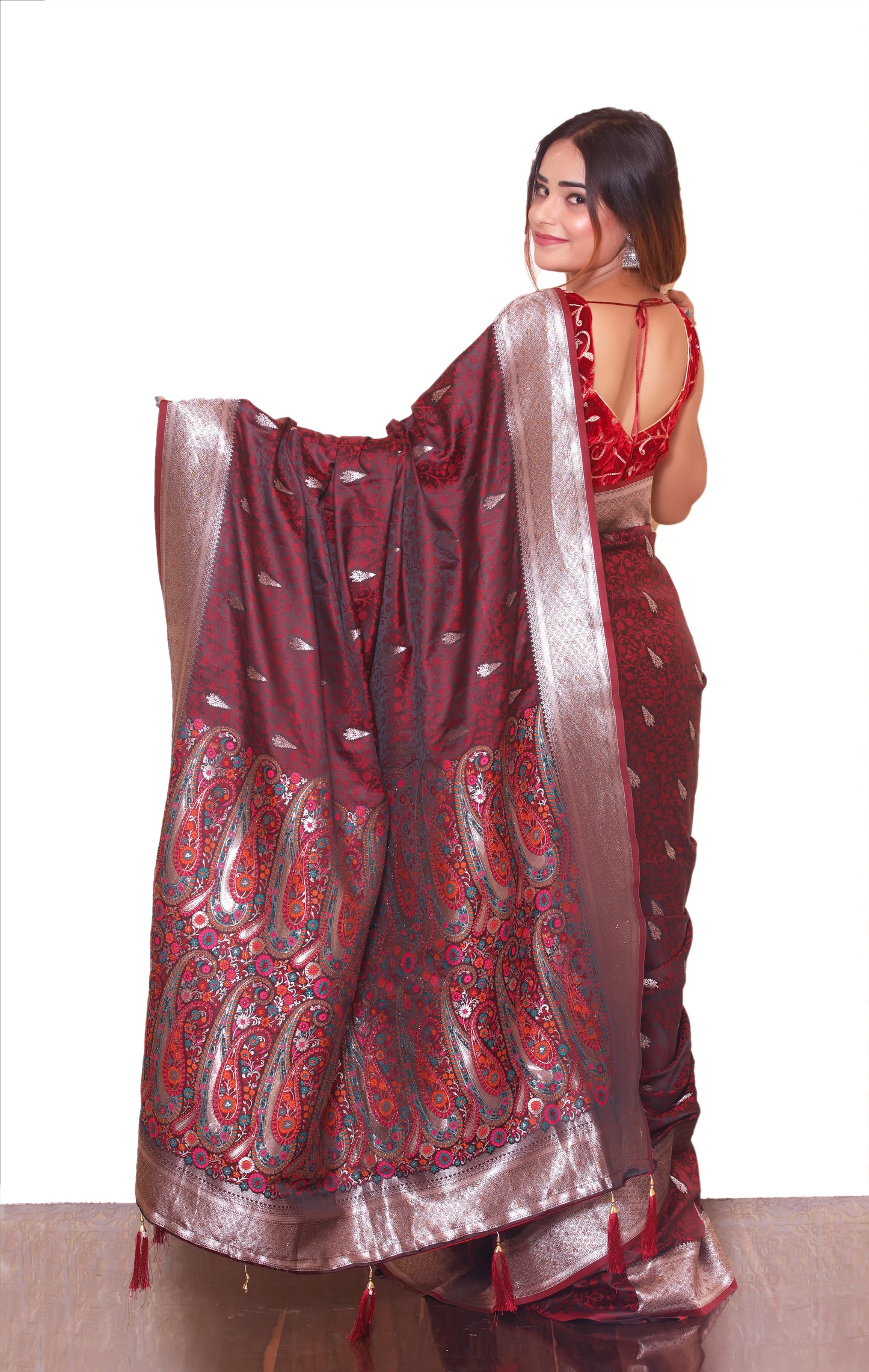Coffee Marron Zariwork Soft Silk Saree