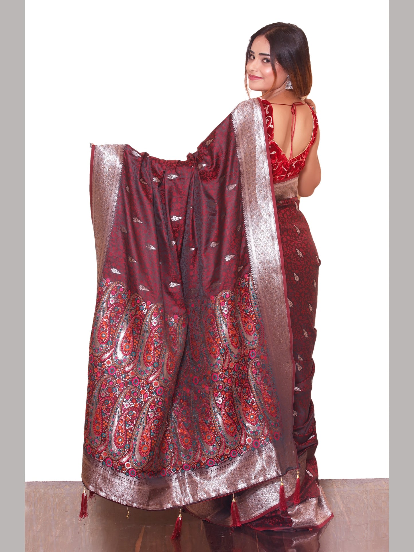 Coffee Marron Zariwork Soft Silk Saree