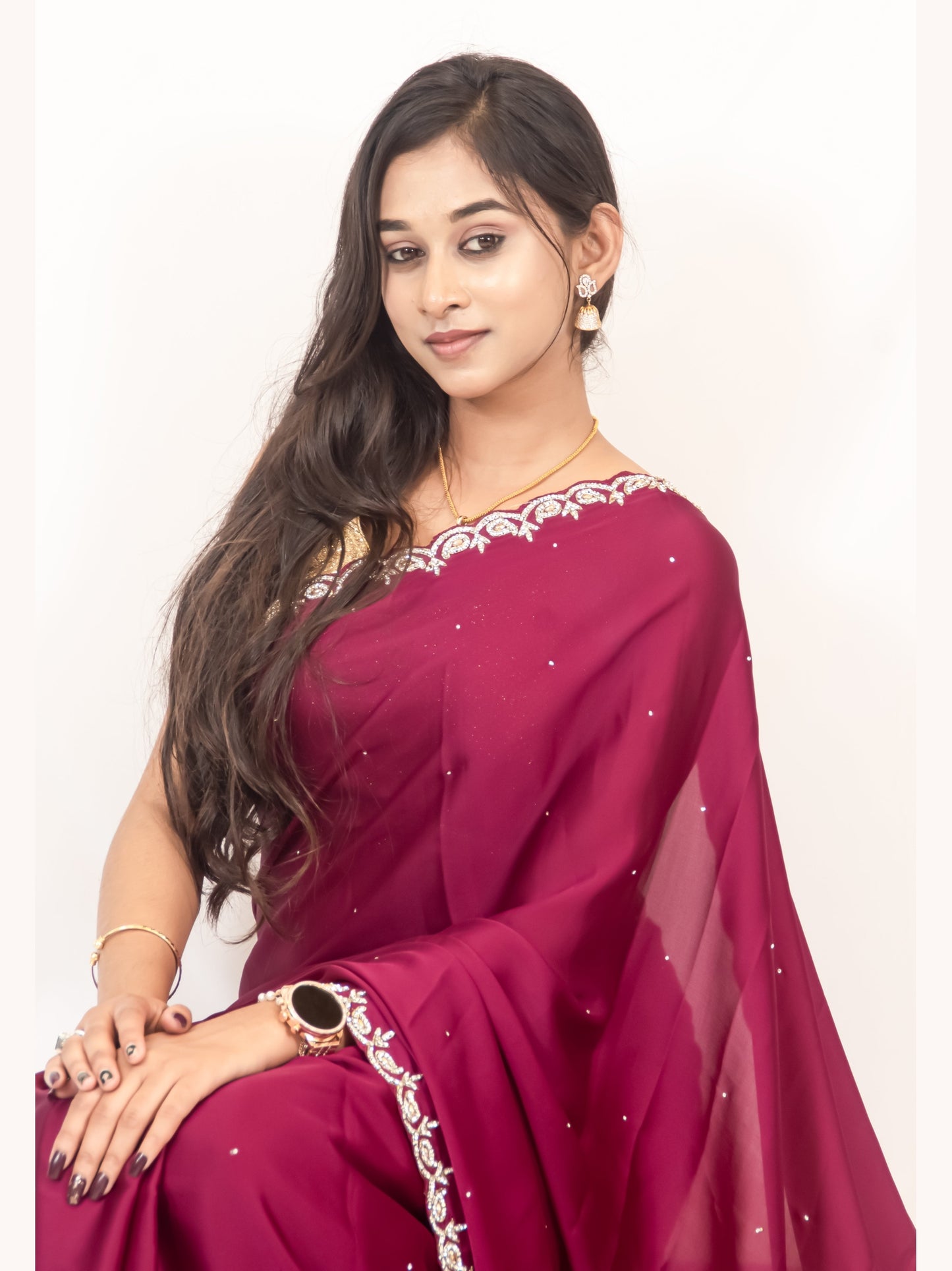 Elegance in Vine: Satin Crepe Saree with Exquisite Stonework Cutborder