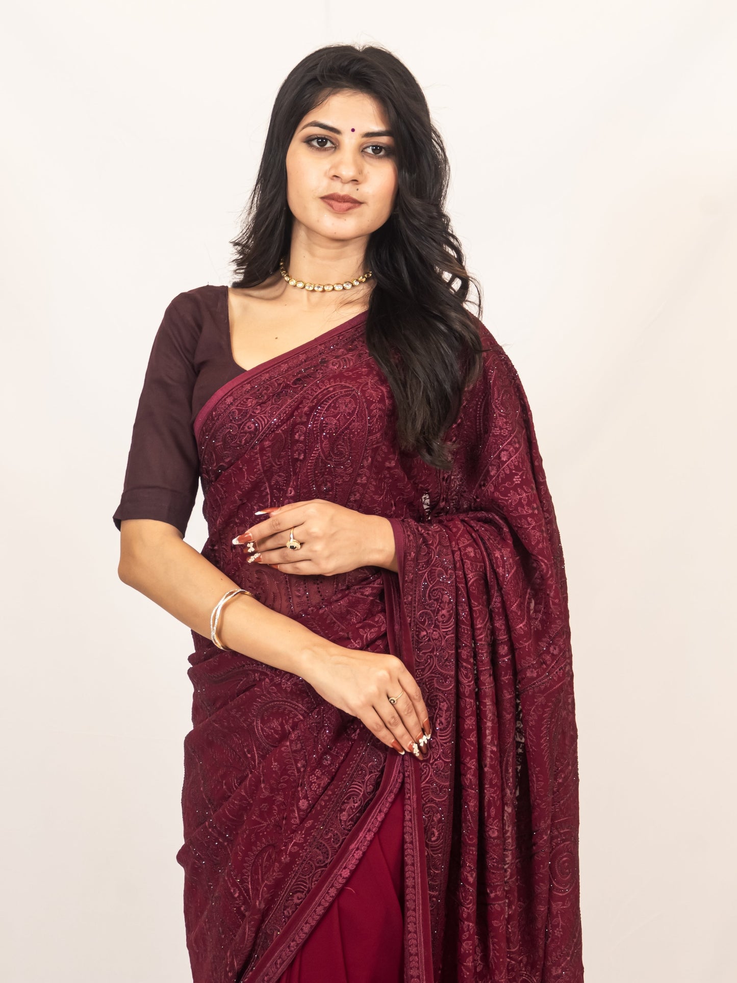 Exquisite Wine Georgette Saree with Resham Work & Swarovski Embellishments