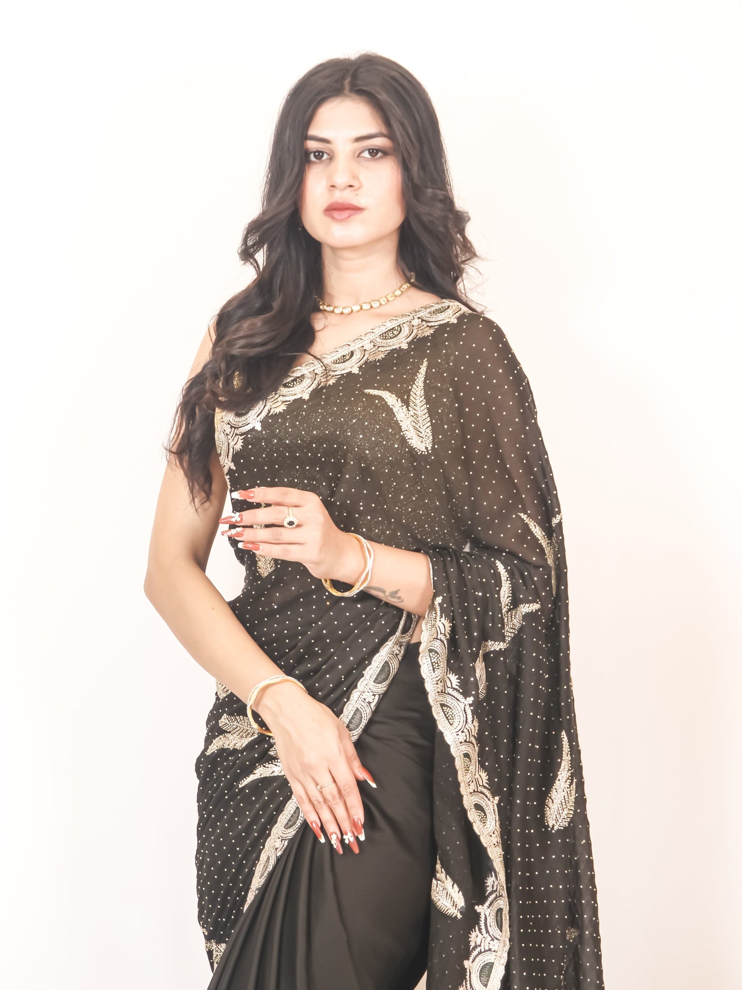 Black Crape Chiffon Saree with Zari Border & Stone Work – Stylish & Elegant