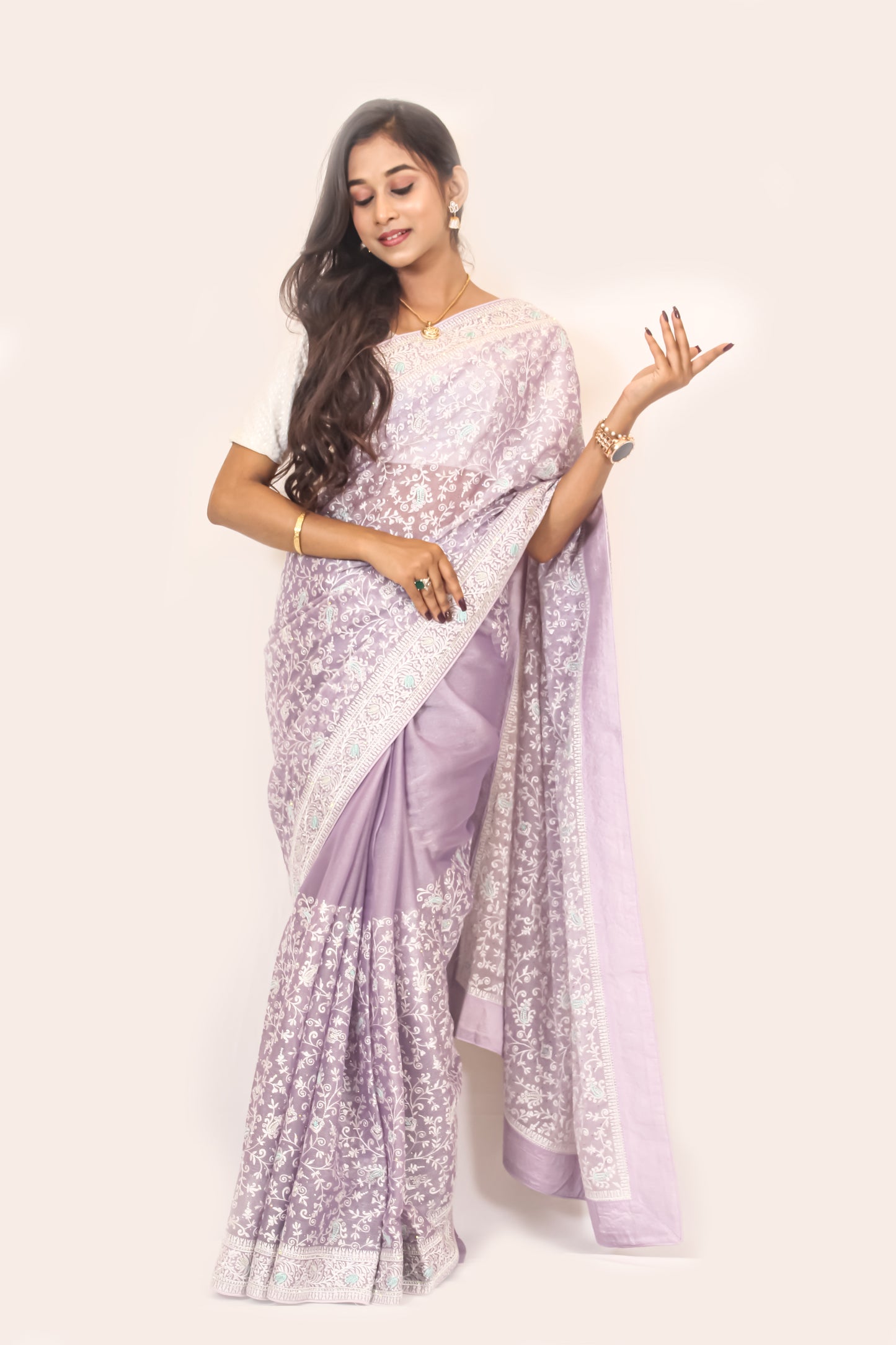 Lavender Organza Saree with White Thread Work – Elegant & Feminine.