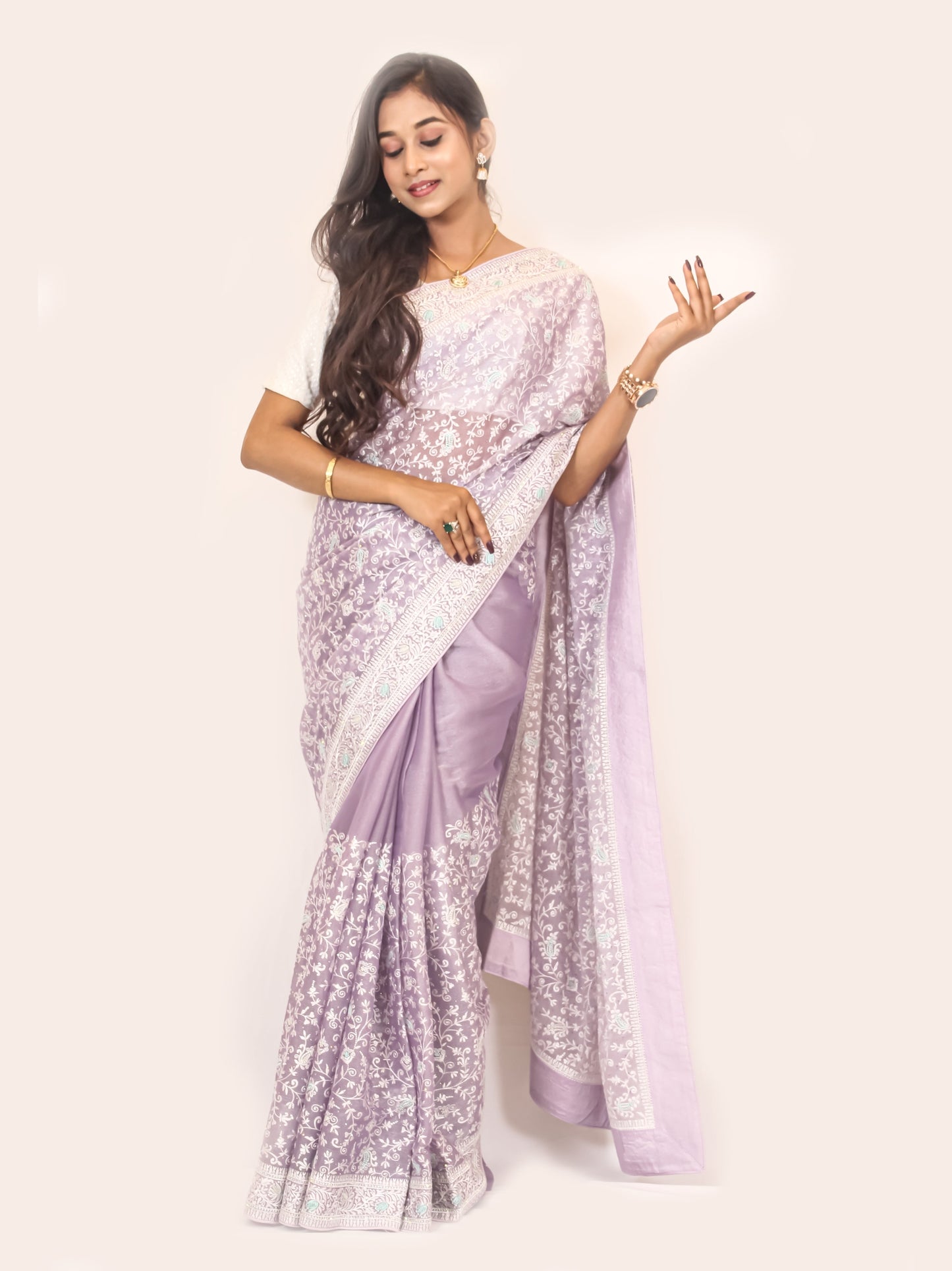 Lavender Organza Saree with White Thread Work – Elegant & Feminine.