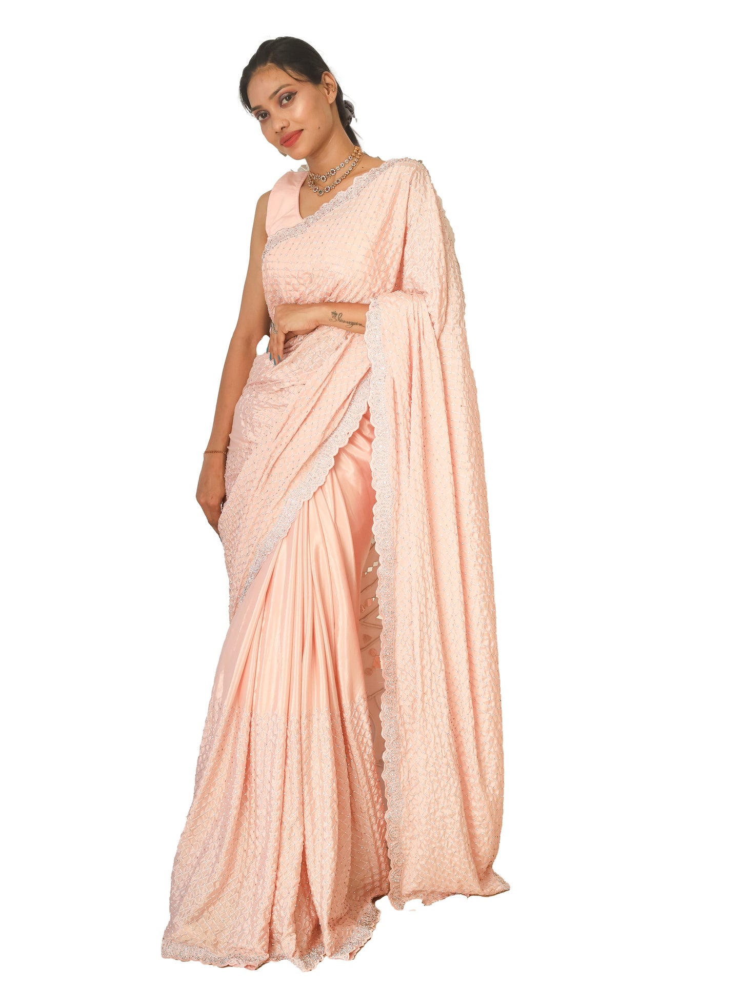 Cream Pink Fancy Crape Saree With Stonework
