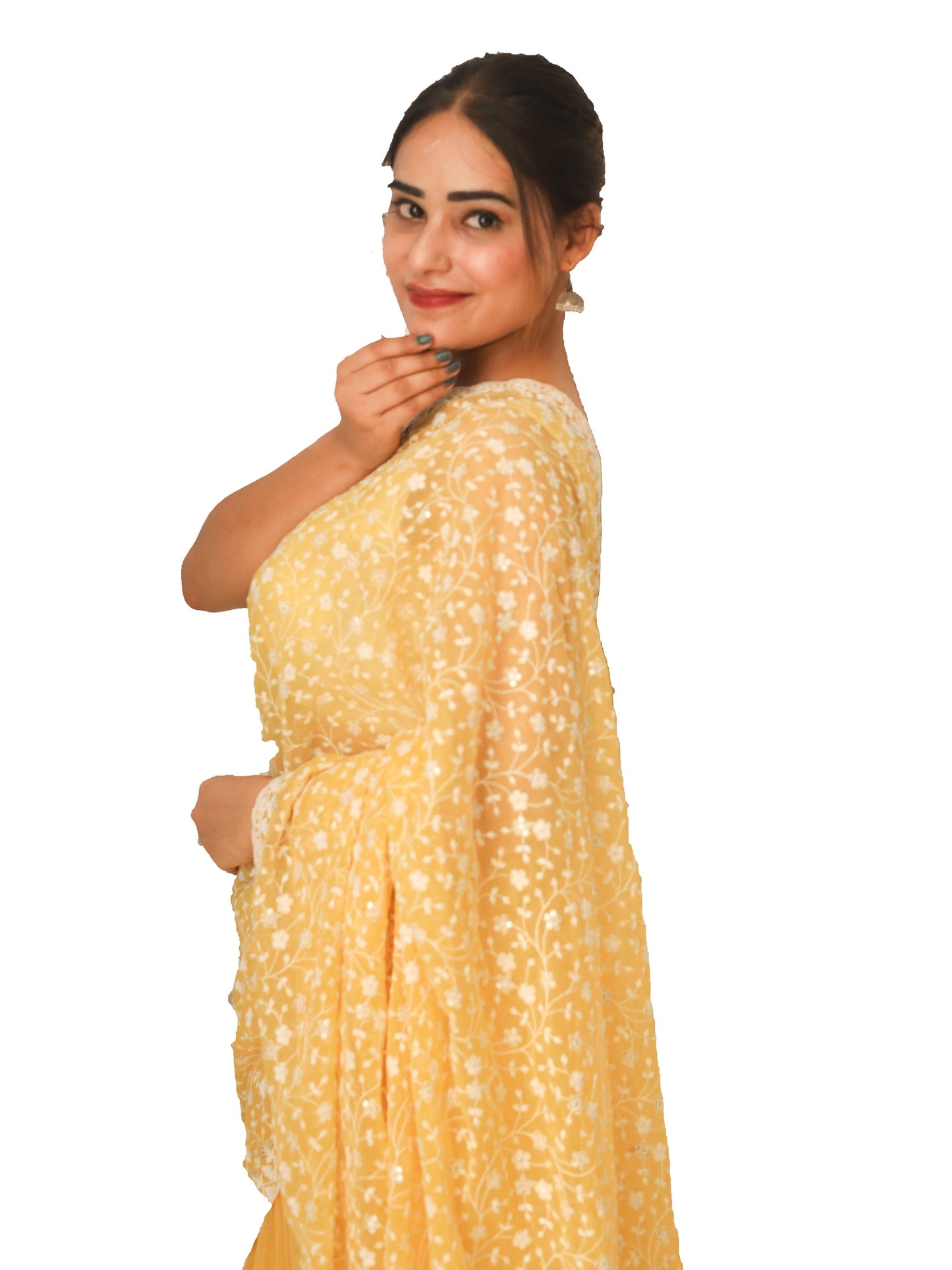Yellow Thread Sequence Chiffon Saree