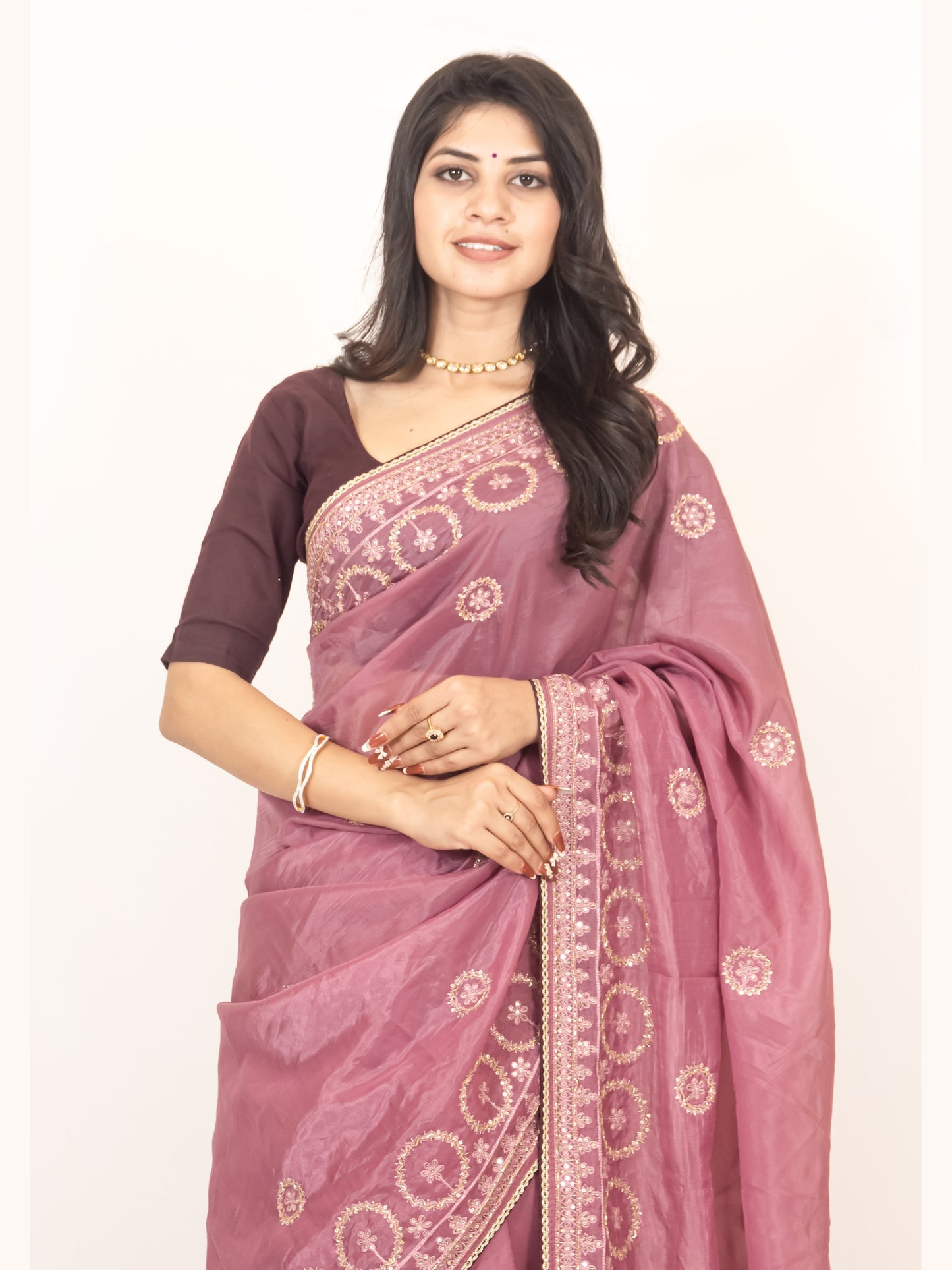 Glamorous Onion Pink Crush Chinon Chiffon Saree with Zari, Sequence & Cardana Accents