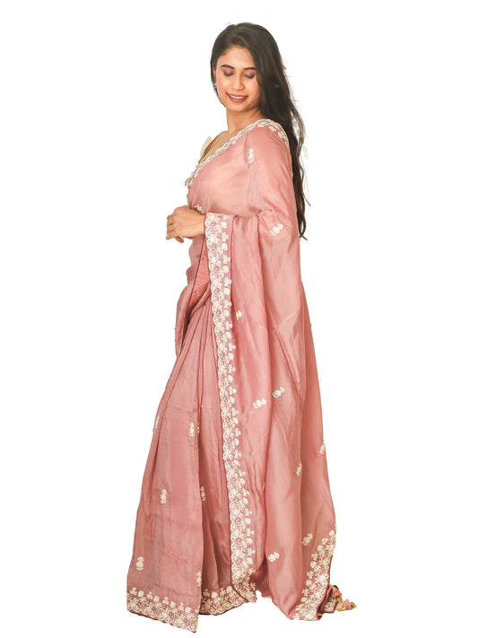 Onion pink Organza Saree with sequence boti