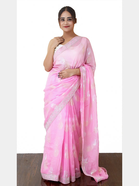Baby pink Organza Saree with Golden & Silver Zari
