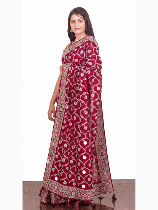 Maroon Zariwork Vichitra Raw Silk Saree