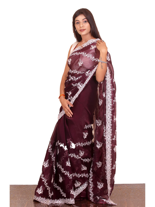 Dark Vine Organza Saree with White embroidery