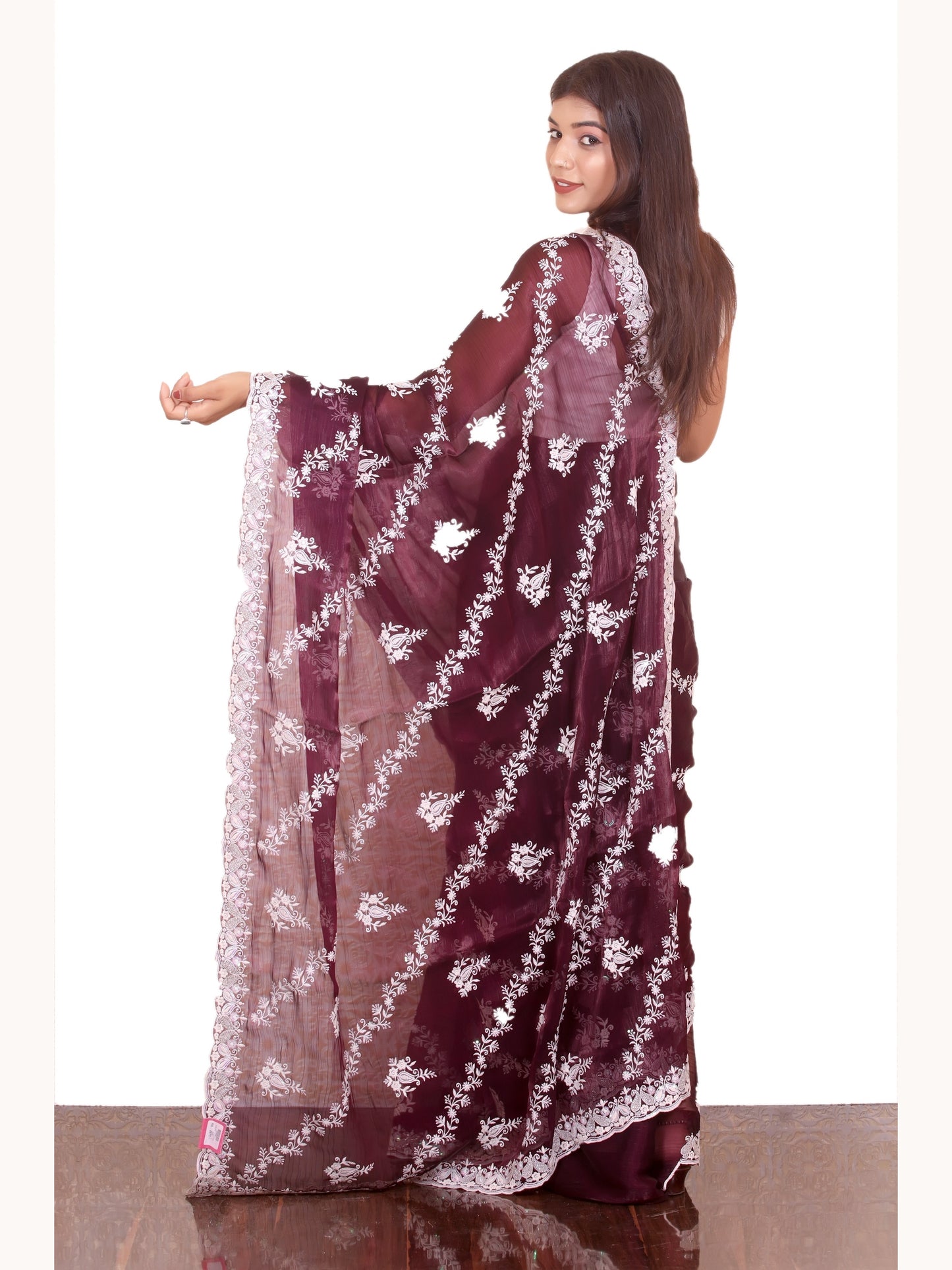Dark Vine Organza Saree with White embroidery