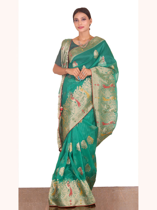 Ramagreen Organza Saree with peacock motifs zariwork