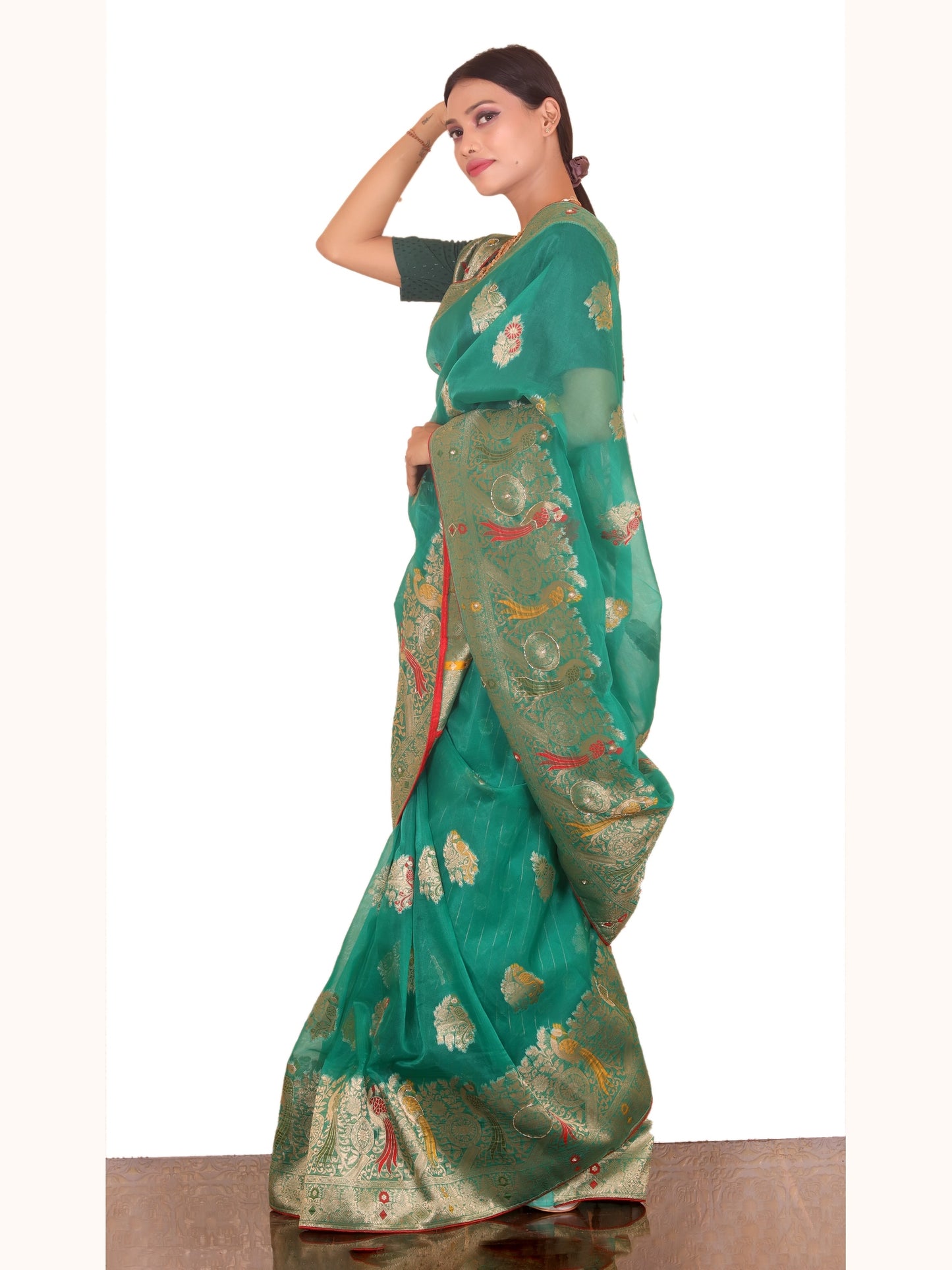 Ramagreen Organza Saree with peacock motifs zariwork