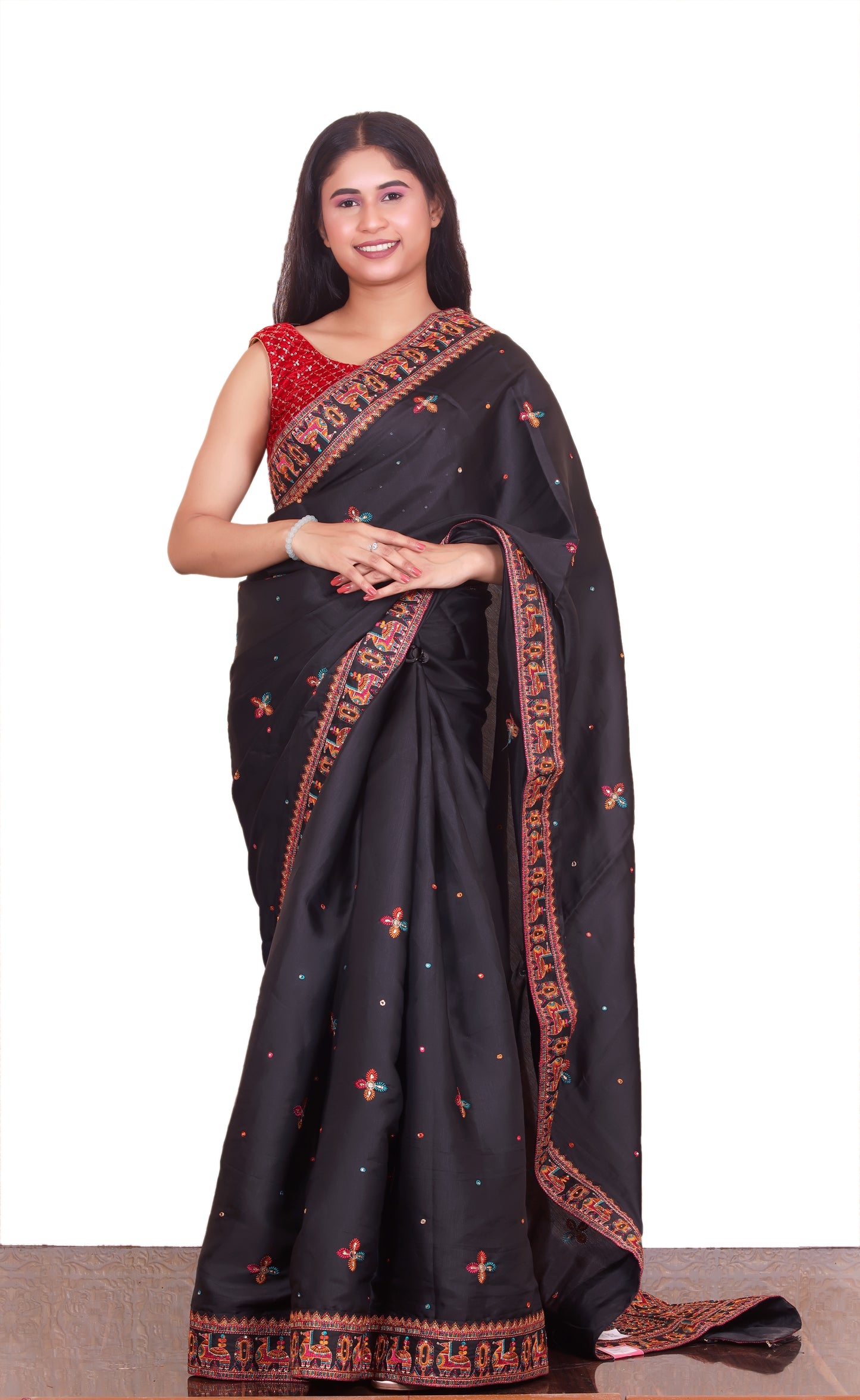 Black Rajasthani thread work Silk Saree