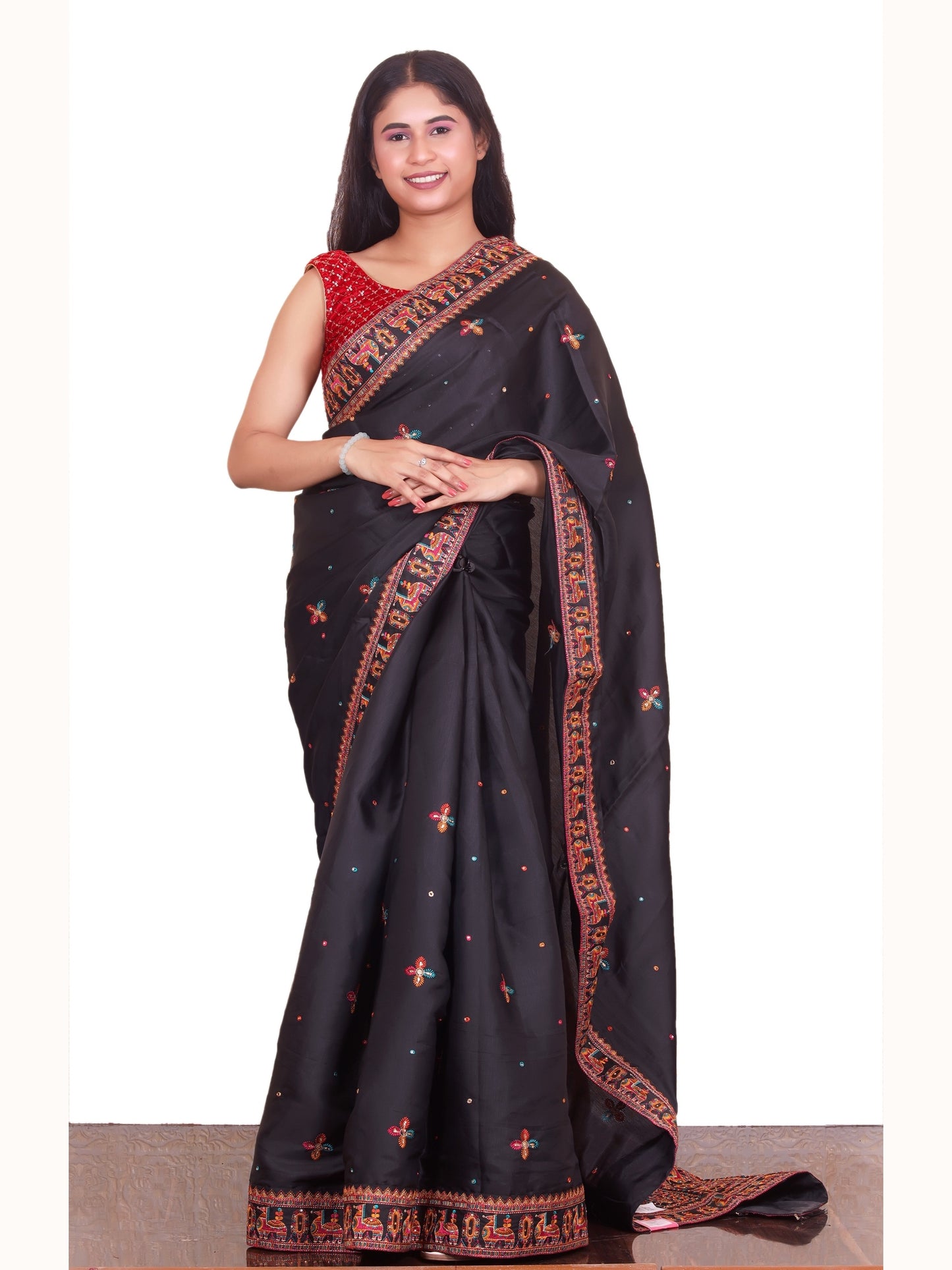 Black Rajasthani thread work Silk Saree