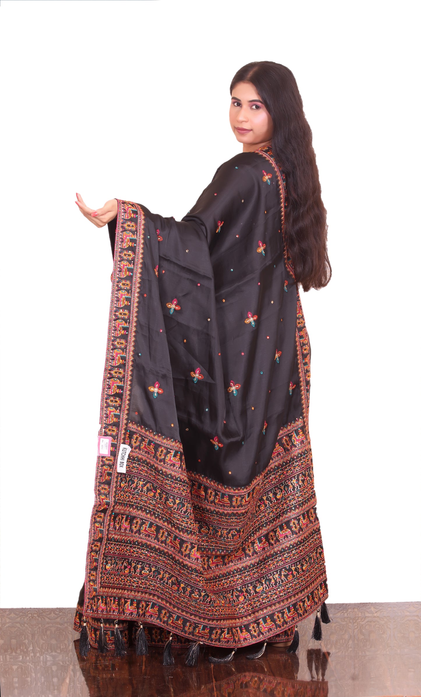 Black Rajasthani thread work Silk Saree
