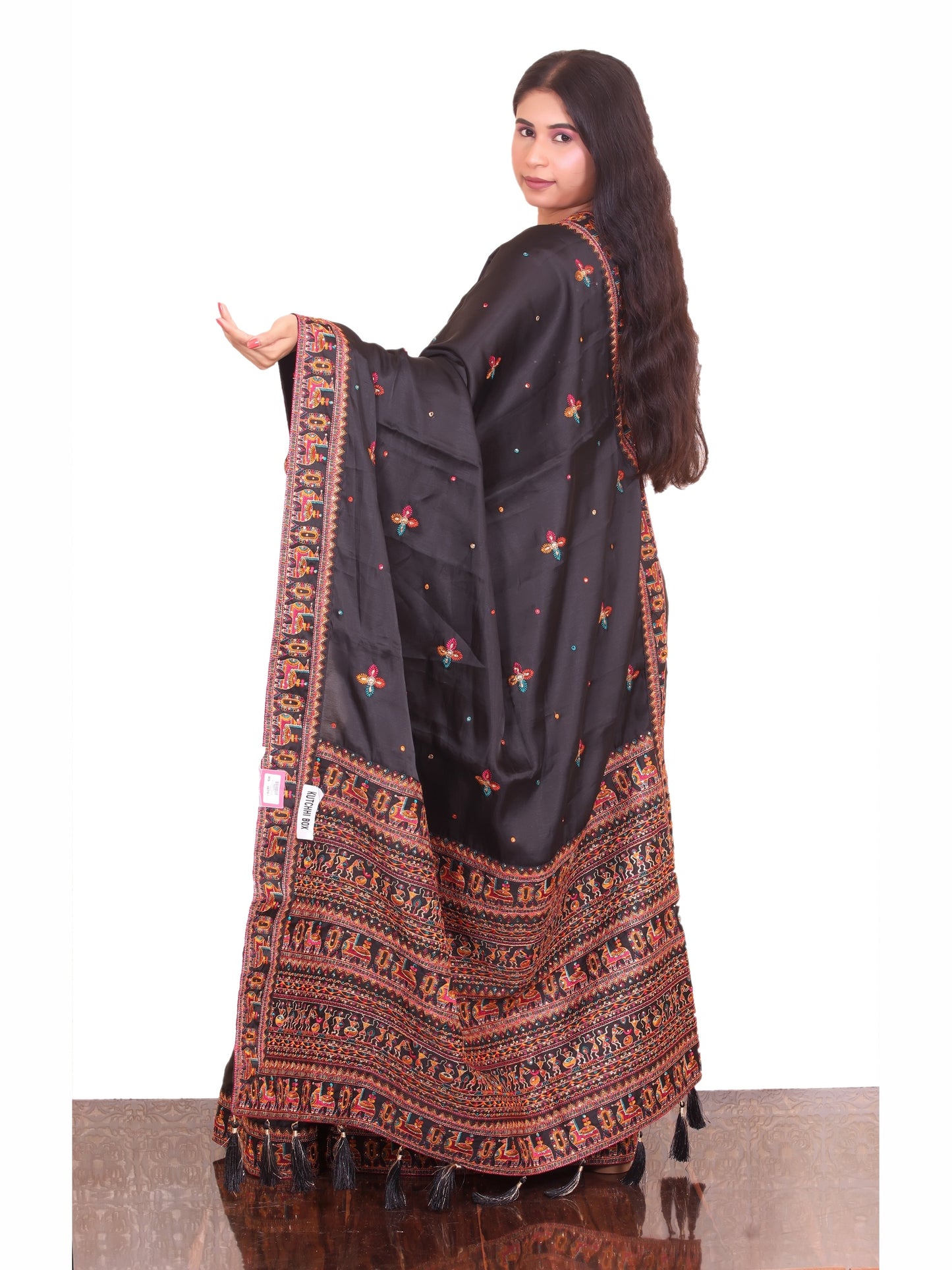 Black Rajasthani thread work Silk Saree