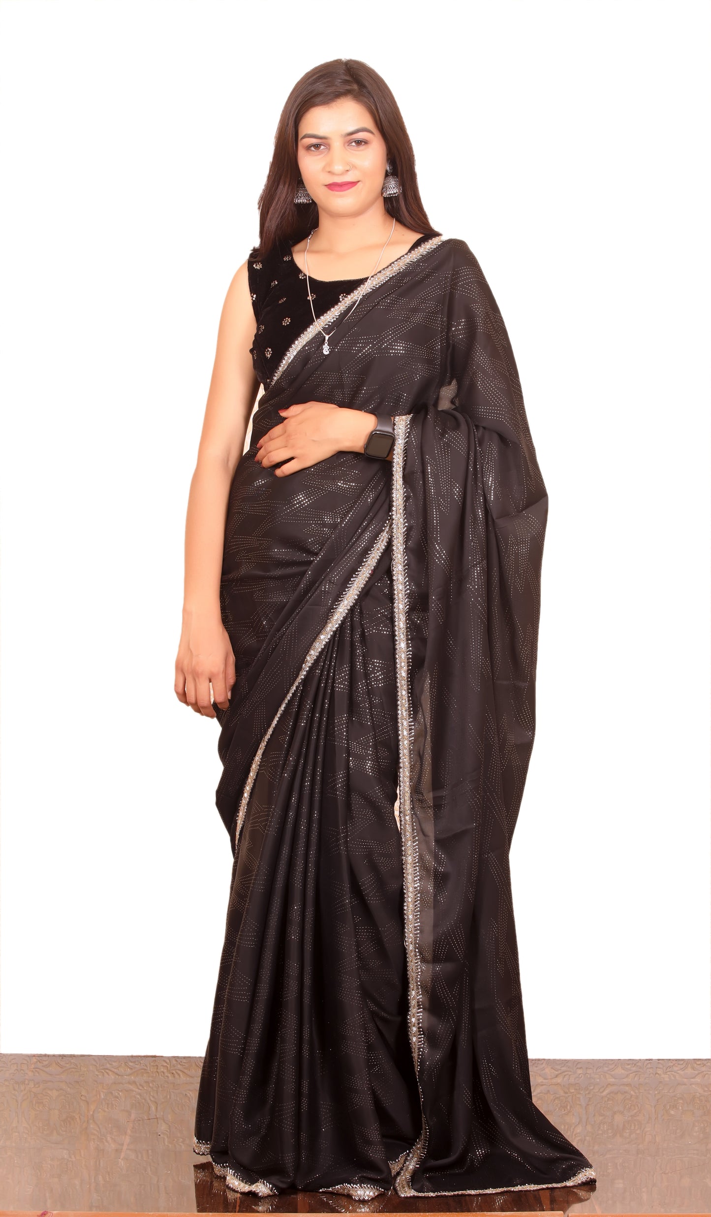 Black Pure Satin Crape Saree with stonework