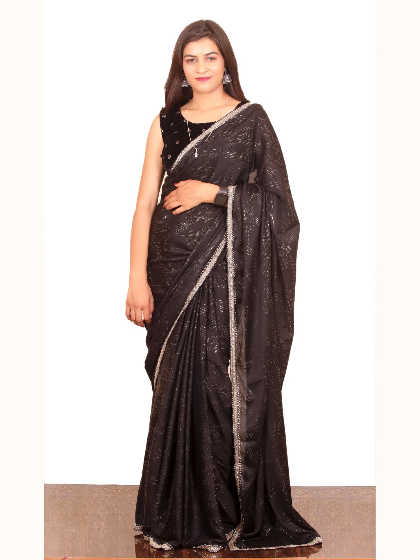 Black Pure Satin Crape Saree with stonework