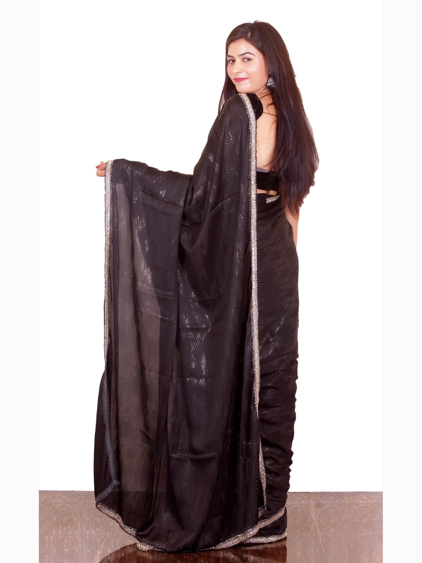 Black Pure Satin Crape Saree with stonework