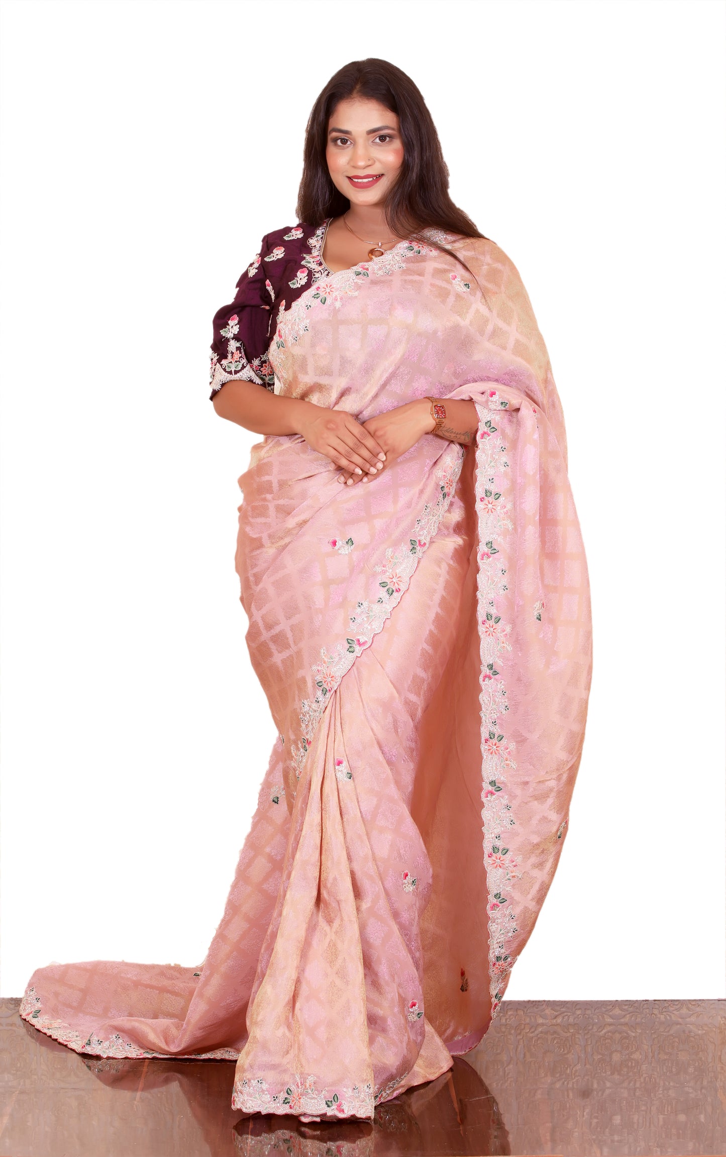 Baby Pink Pure Crape Embroidery Saree Dhoop Chav Pattern