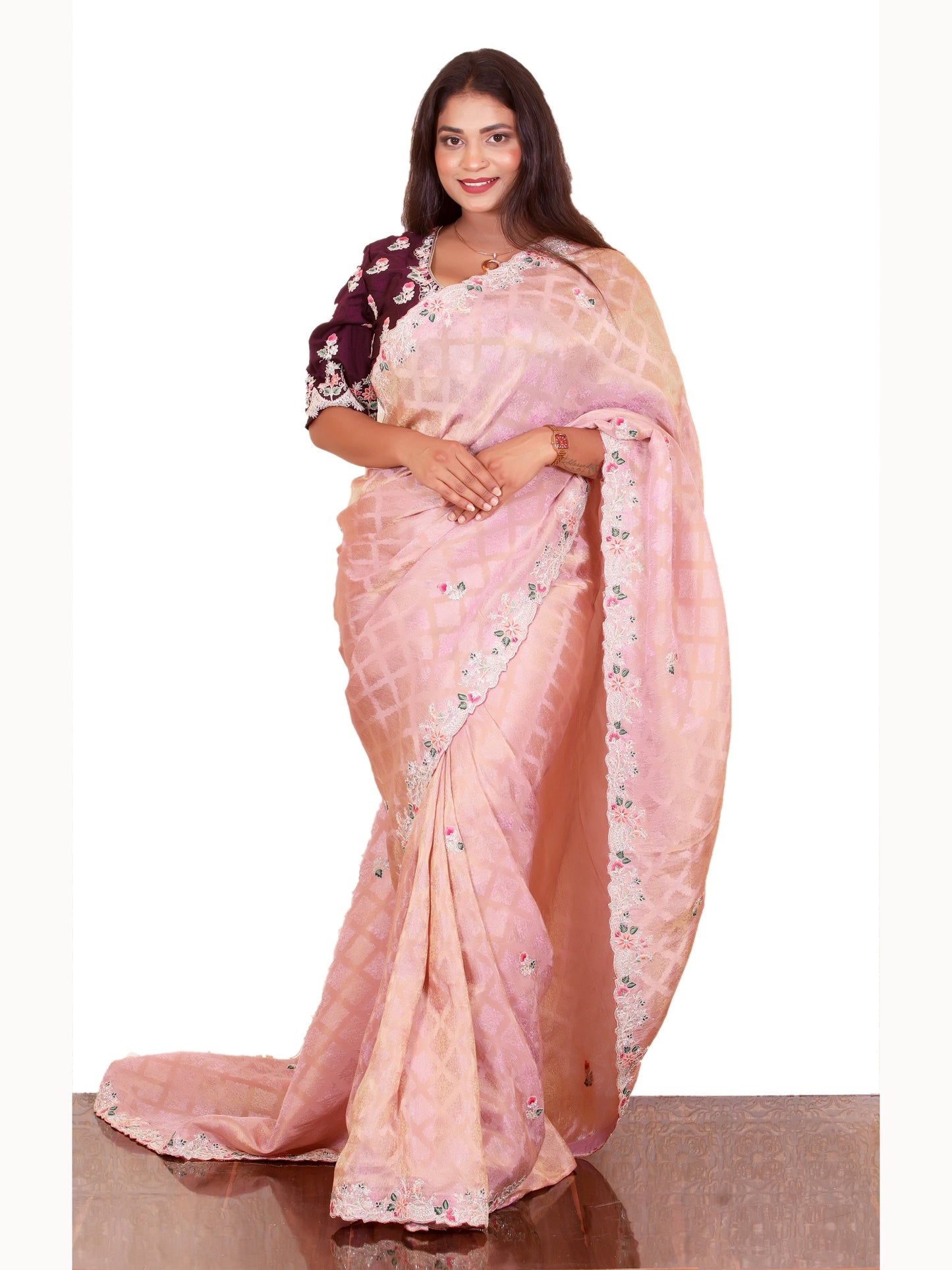 Baby Pink Pure Crape Embroidery Saree Dhoop Chav Pattern
