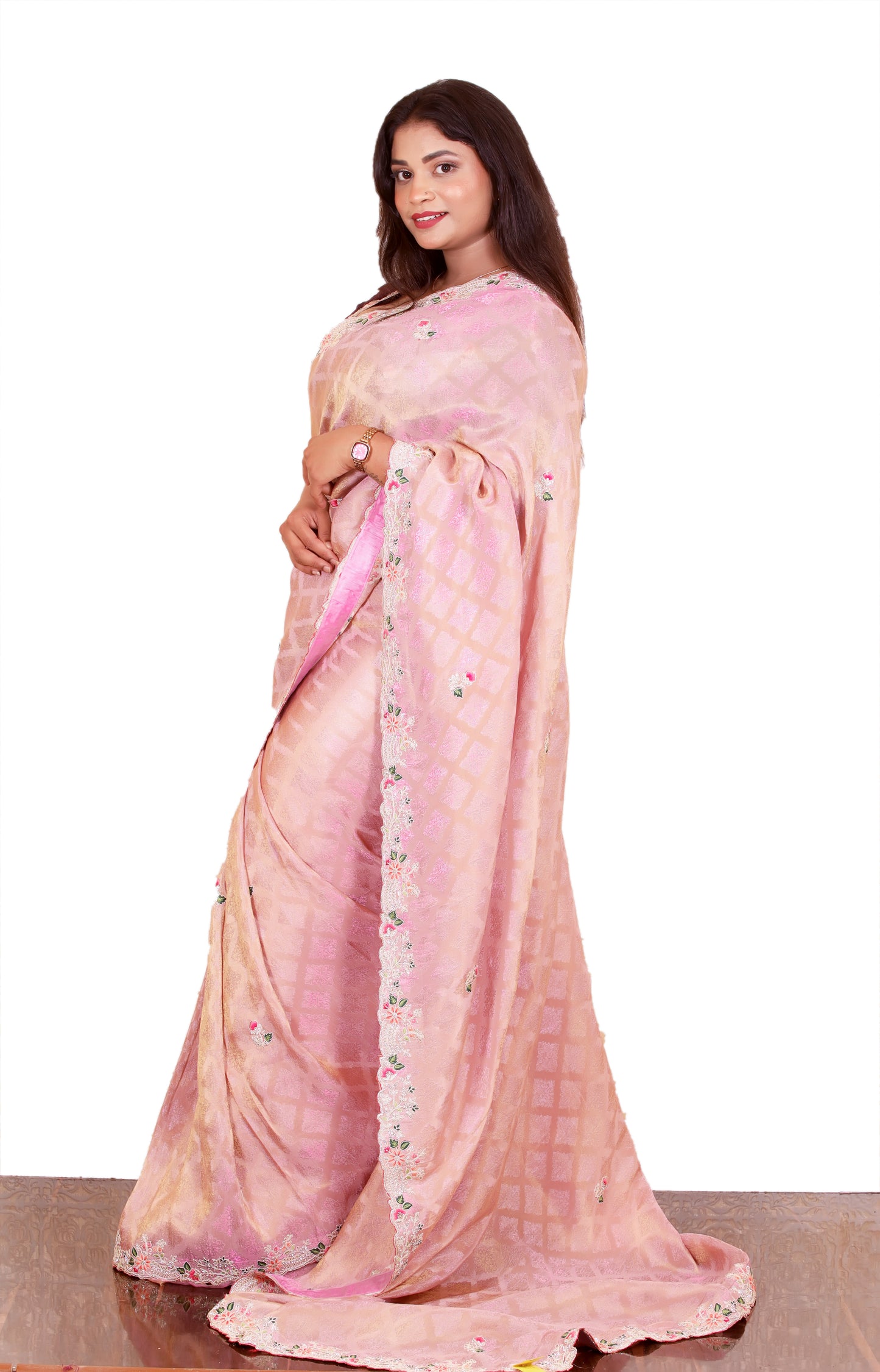 Baby Pink Pure Crape Embroidery Saree Dhoop Chav Pattern