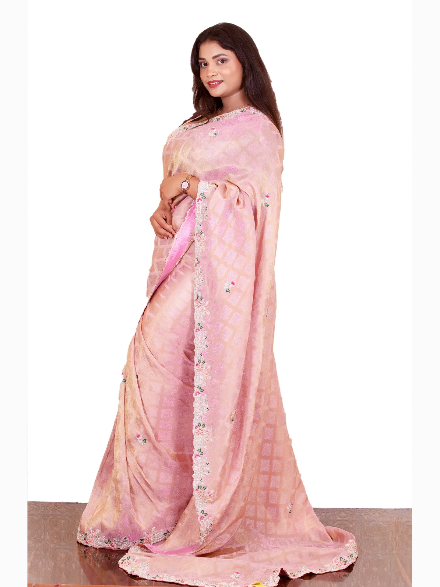 Baby Pink Pure Crape Embroidery Saree Dhoop Chav Pattern