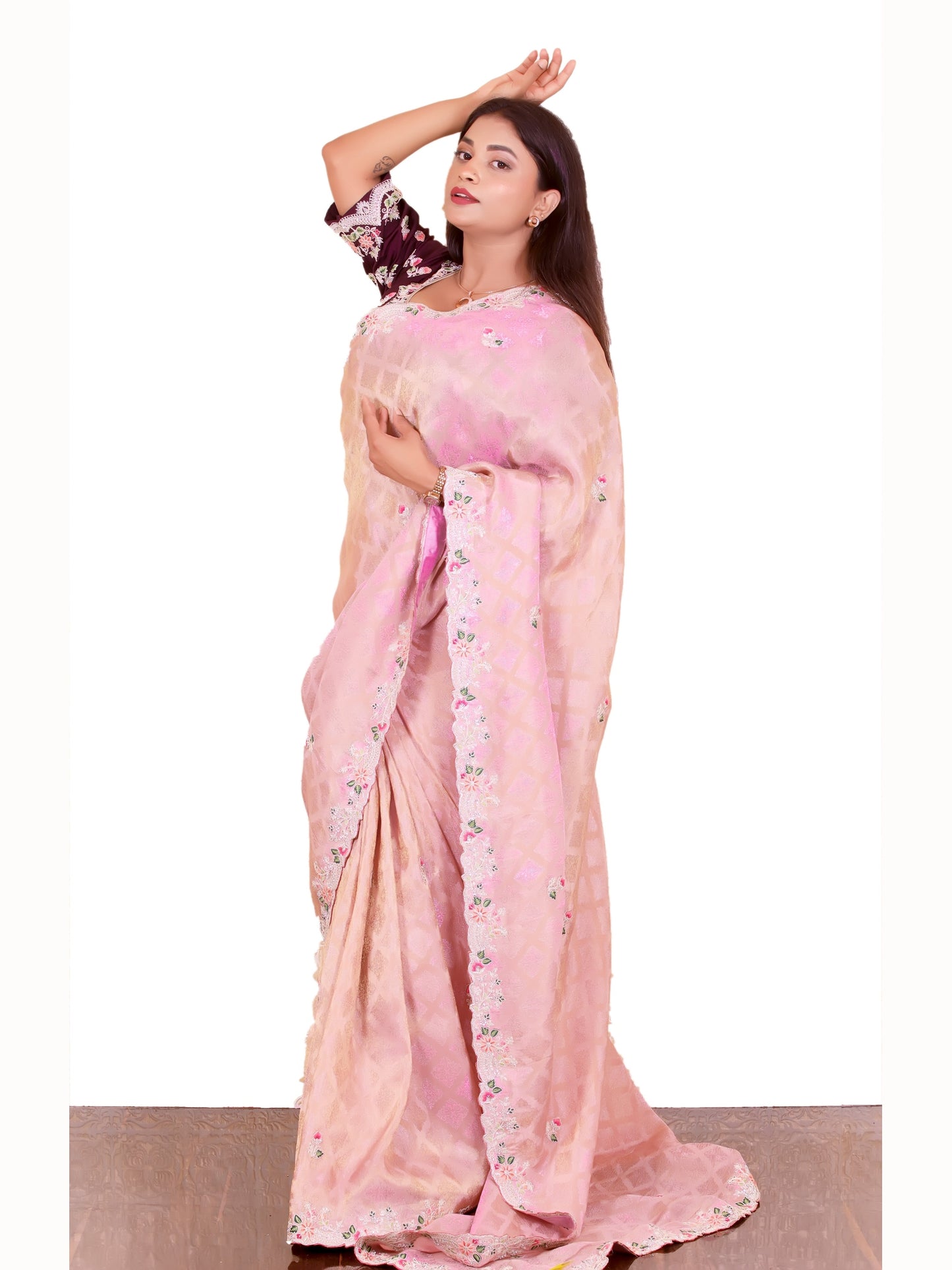 Baby Pink Pure Crape Embroidery Saree Dhoop Chav Pattern