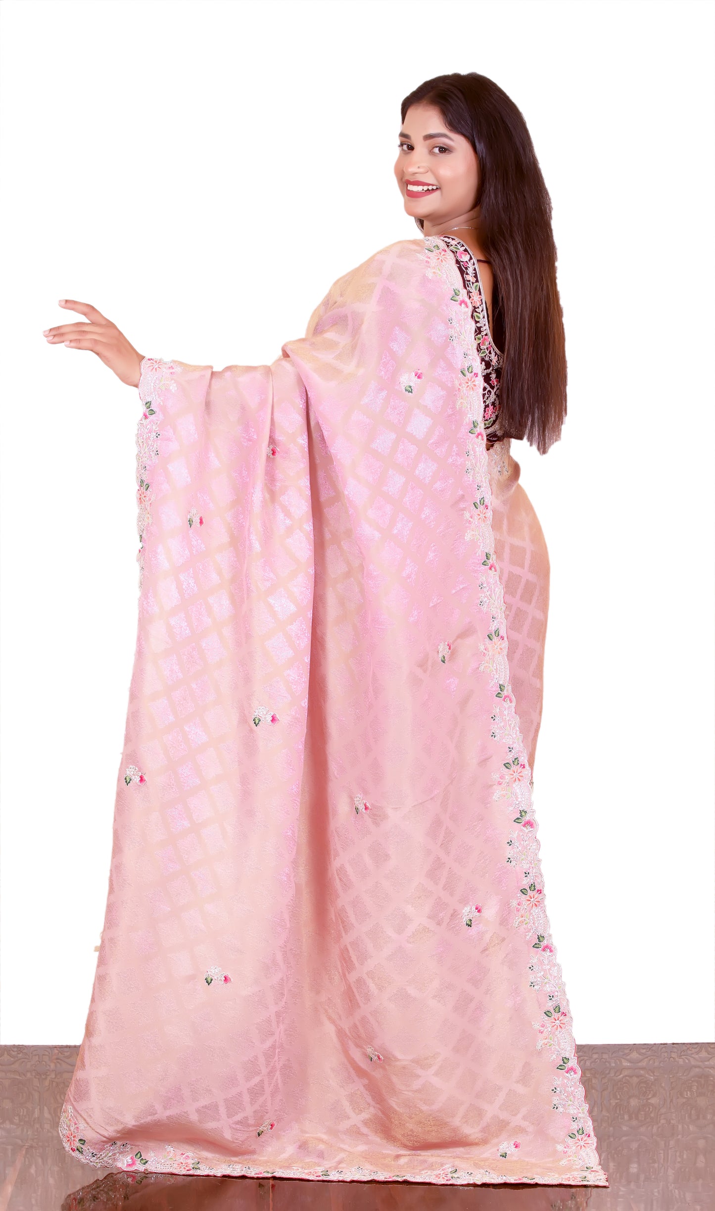 Baby Pink Pure Crape Embroidery Saree Dhoop Chav Pattern