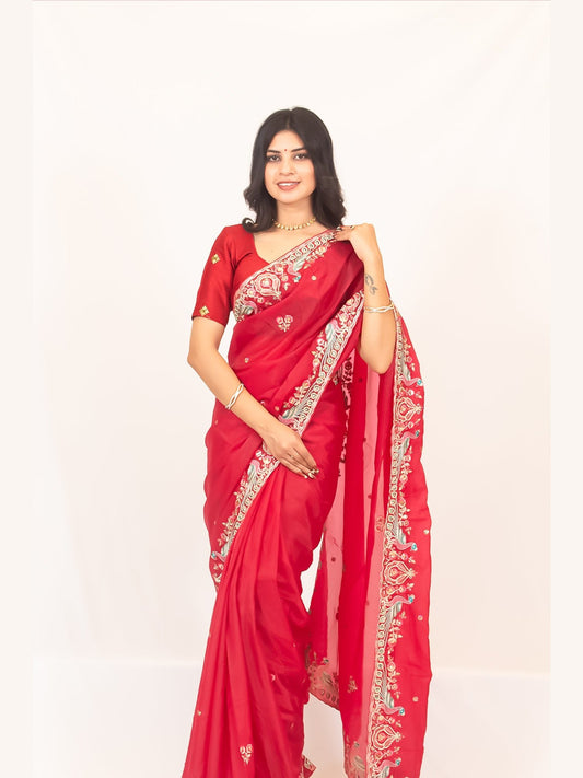 Radiant Red Organza Saree with Beautiful Thread & Zarkan Embroidery