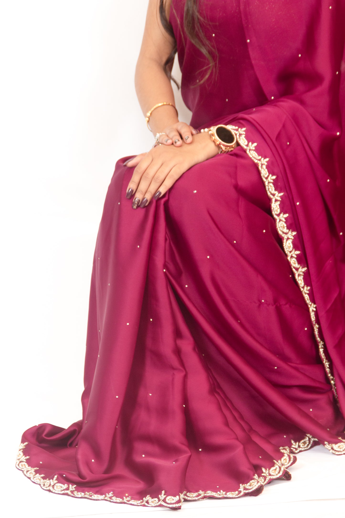 Elegance in Vine: Satin Crepe Saree with Exquisite Stonework Cutborder