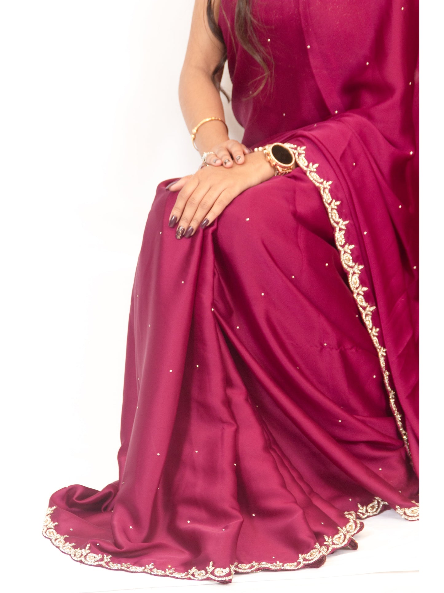 Elegance in Vine: Satin Crepe Saree with Exquisite Stonework Cutborder