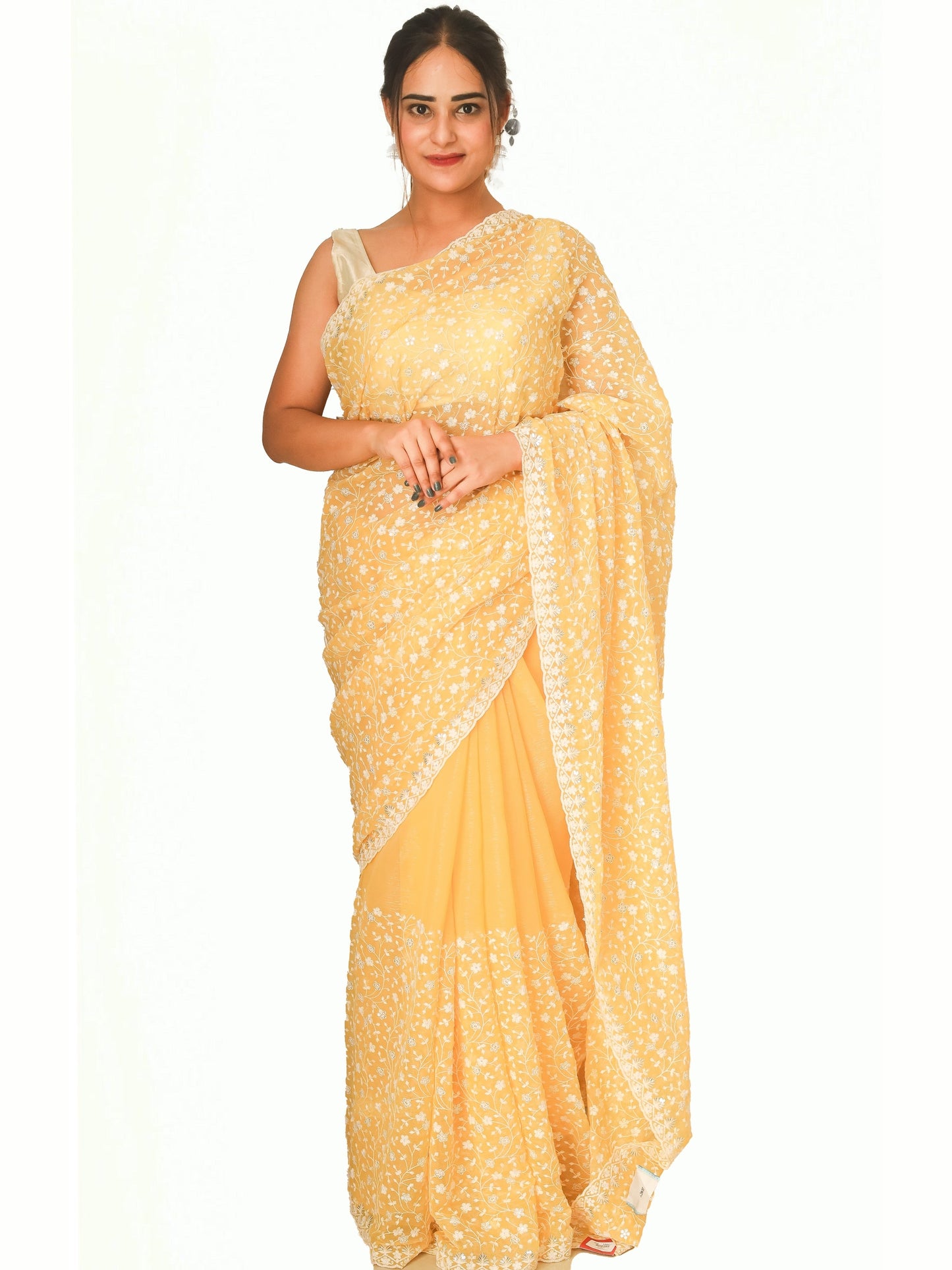 Yellow Thread Sequence Chiffon Saree