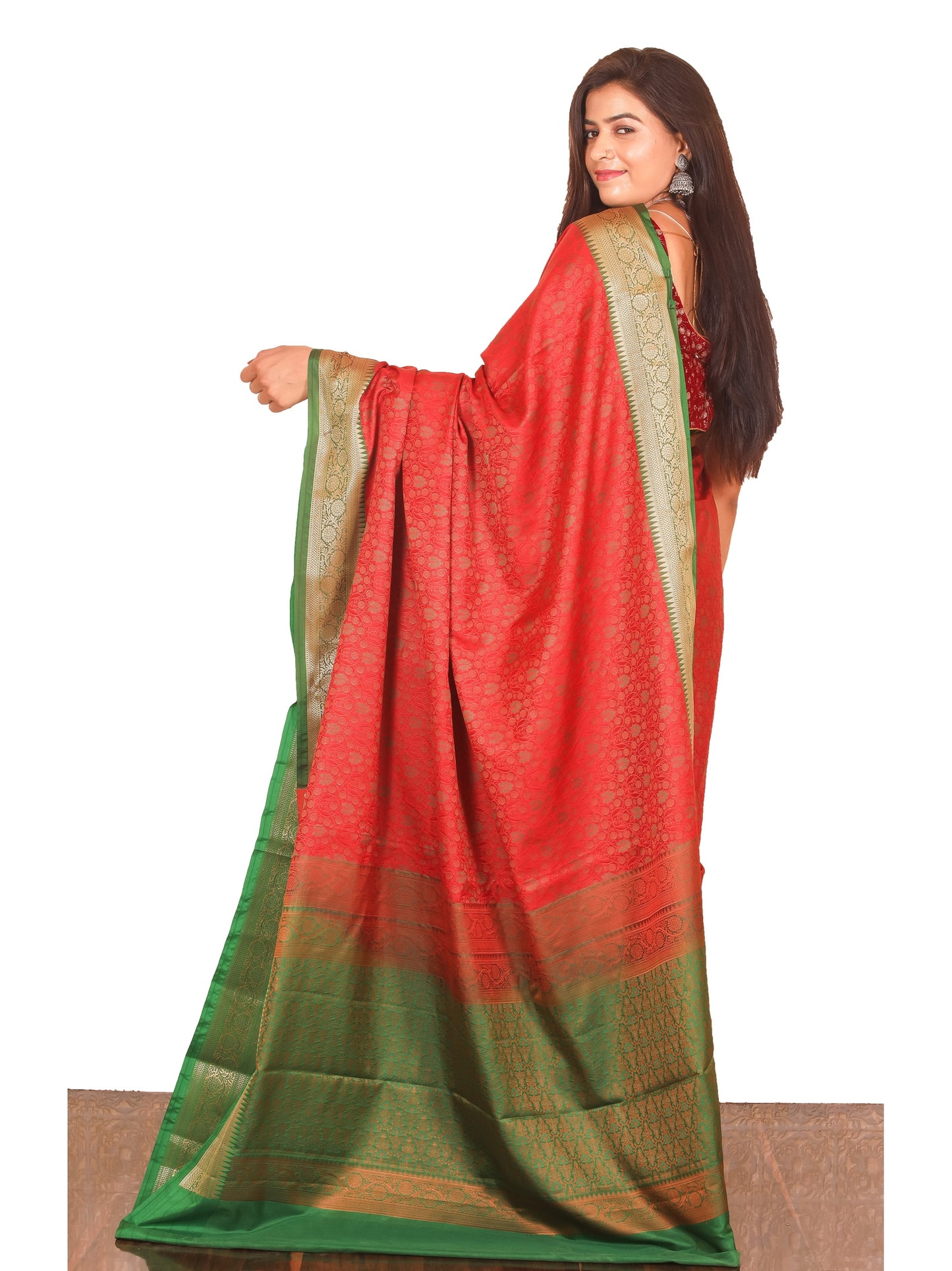 Red Jamawar thread work Silk Saree