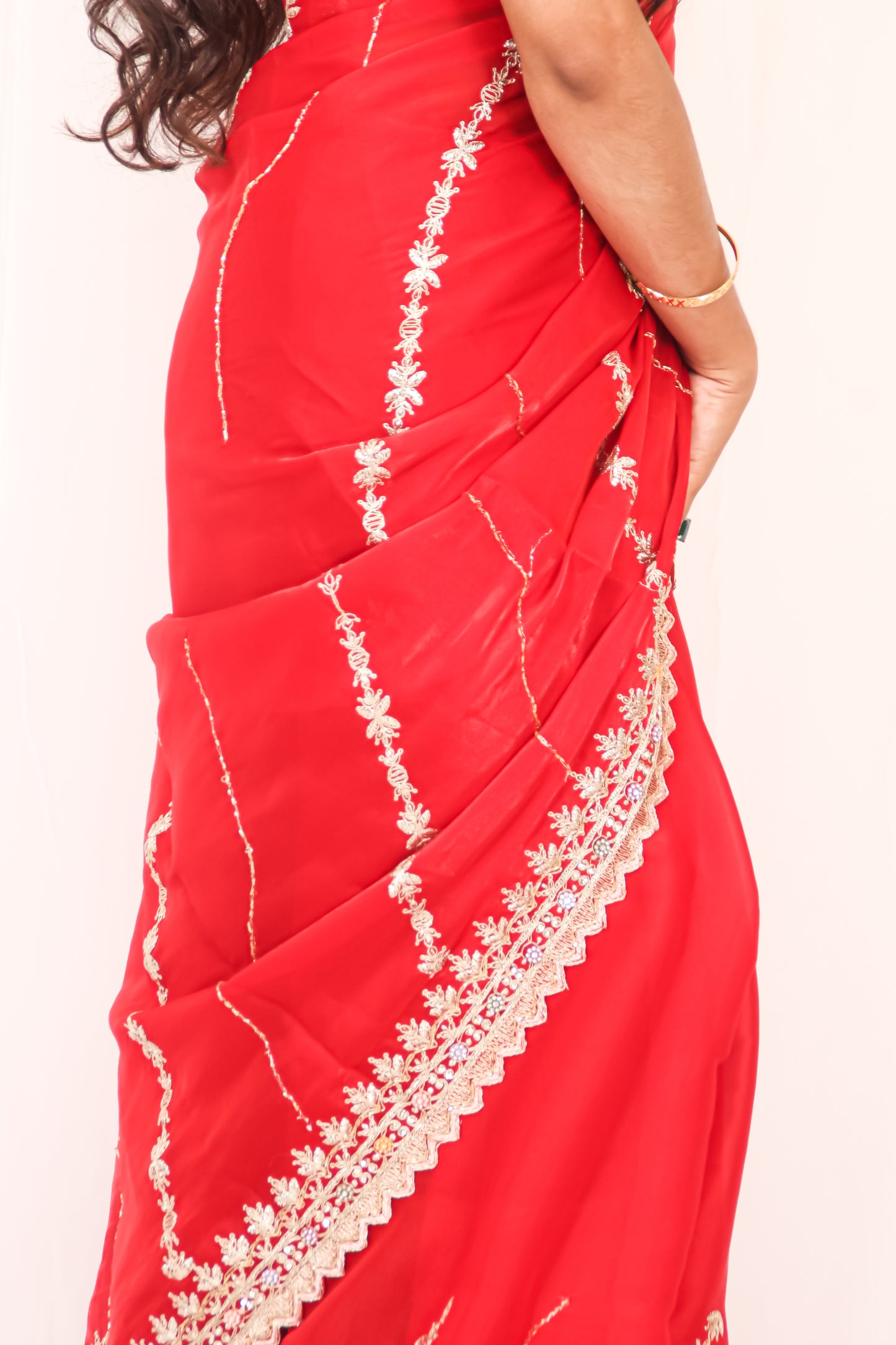 Deep Red Organza Saree with Golden Zari & Stone Work, Baby Pink Blouse